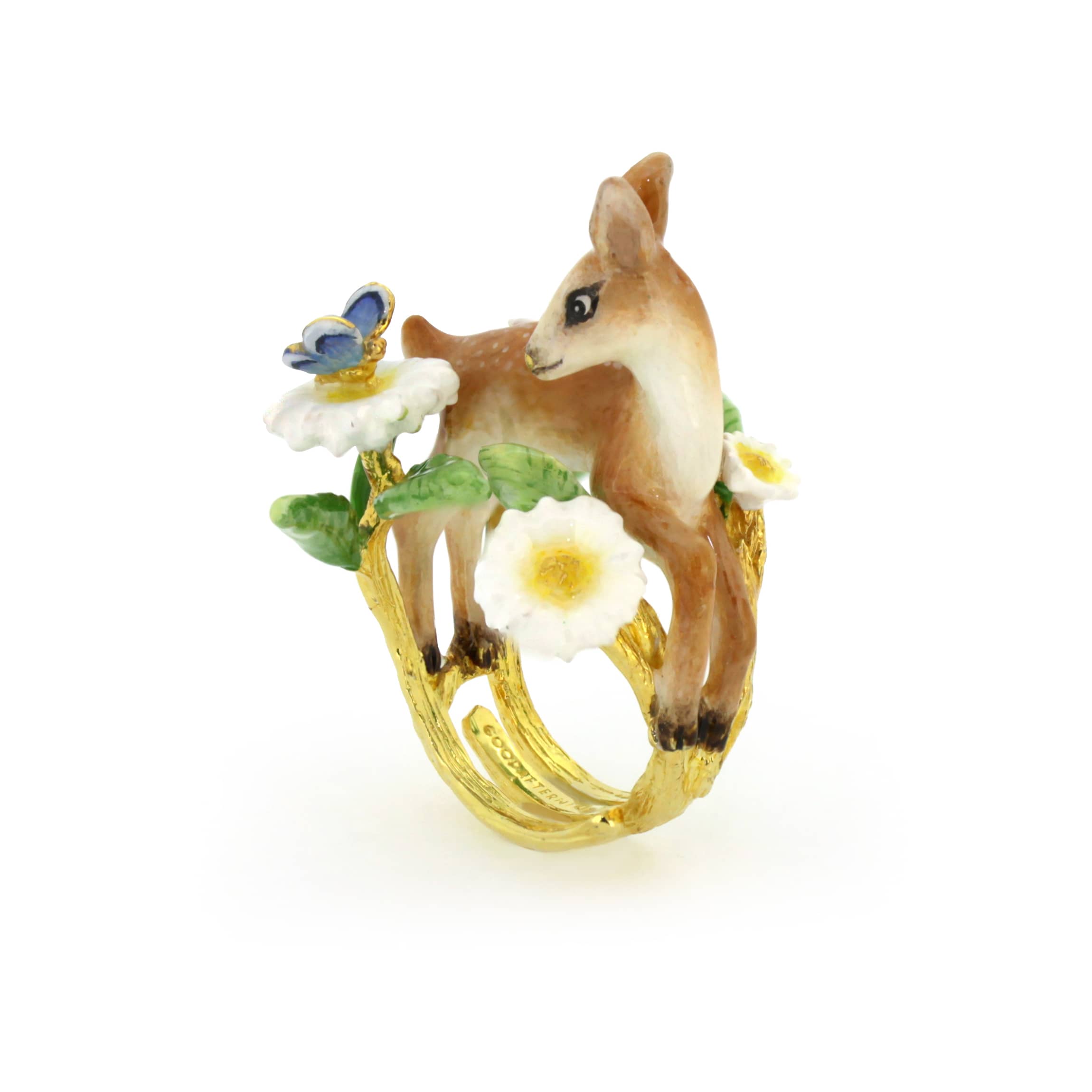 A beautifully crafted ring featuring a deer, a butterfly and floral design.