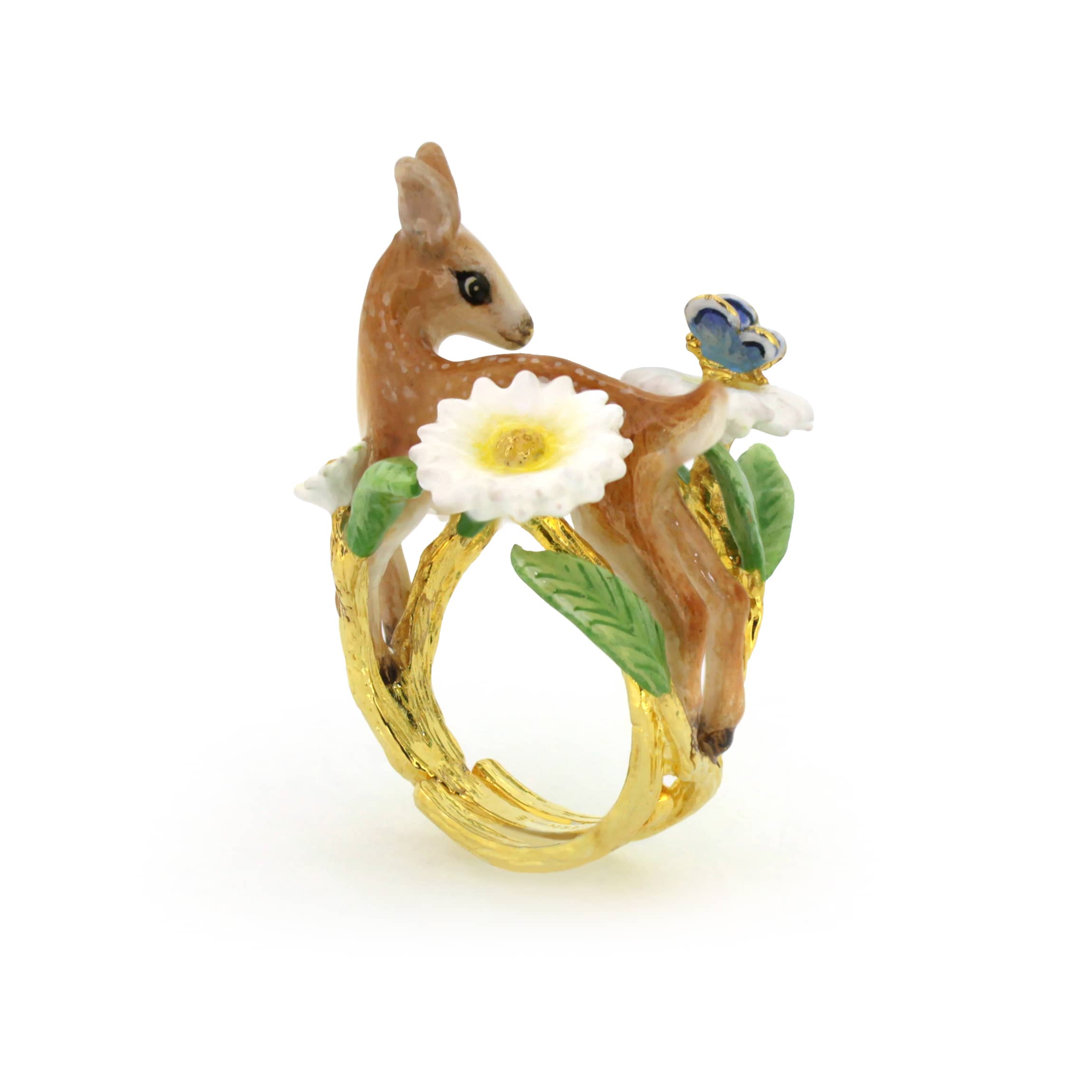 A beautifully crafted ring featuring a deer, a butterfly and floral design.