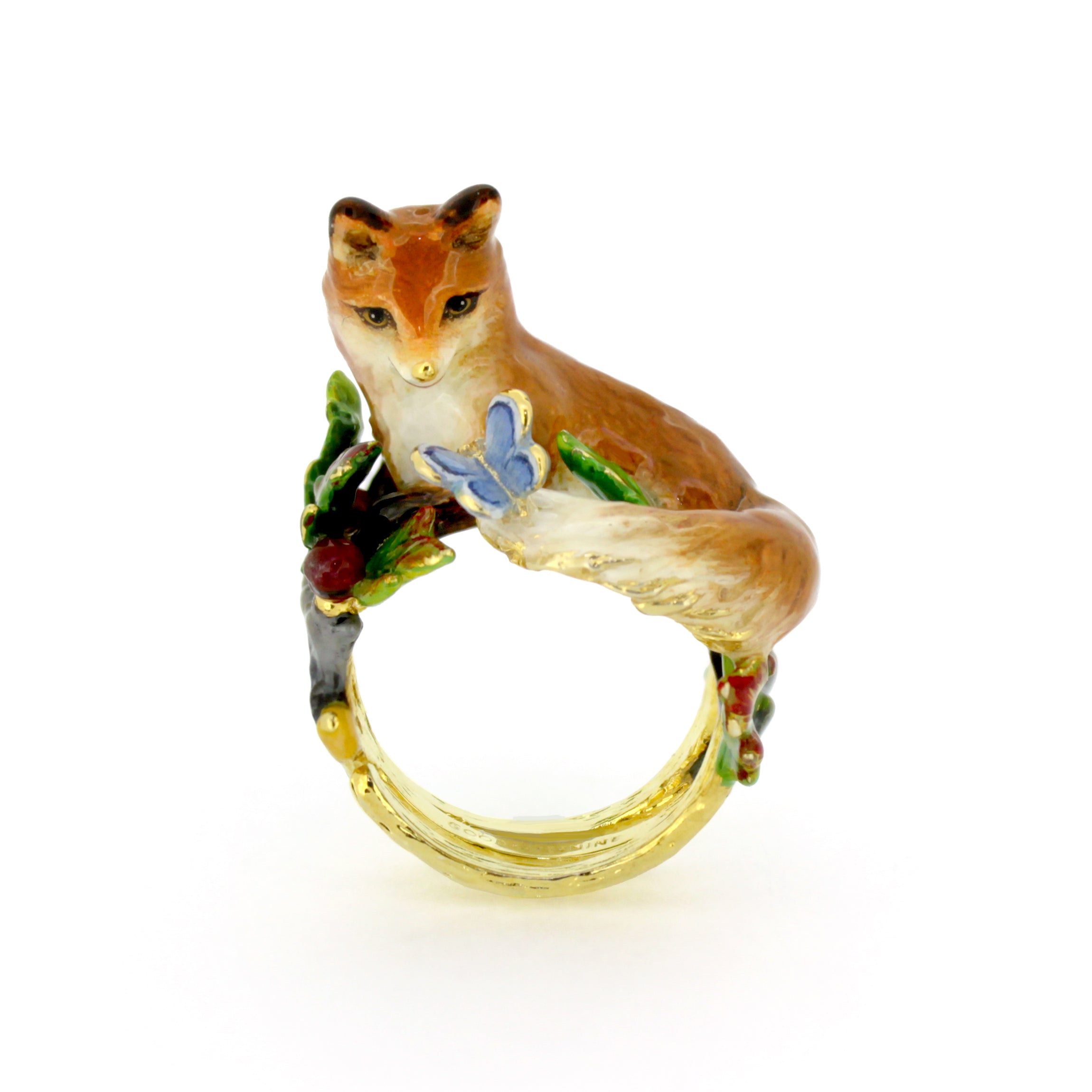 A beautifully crafted gold ring featuring a fox and a butterfly, adorned with colorful enamel details.