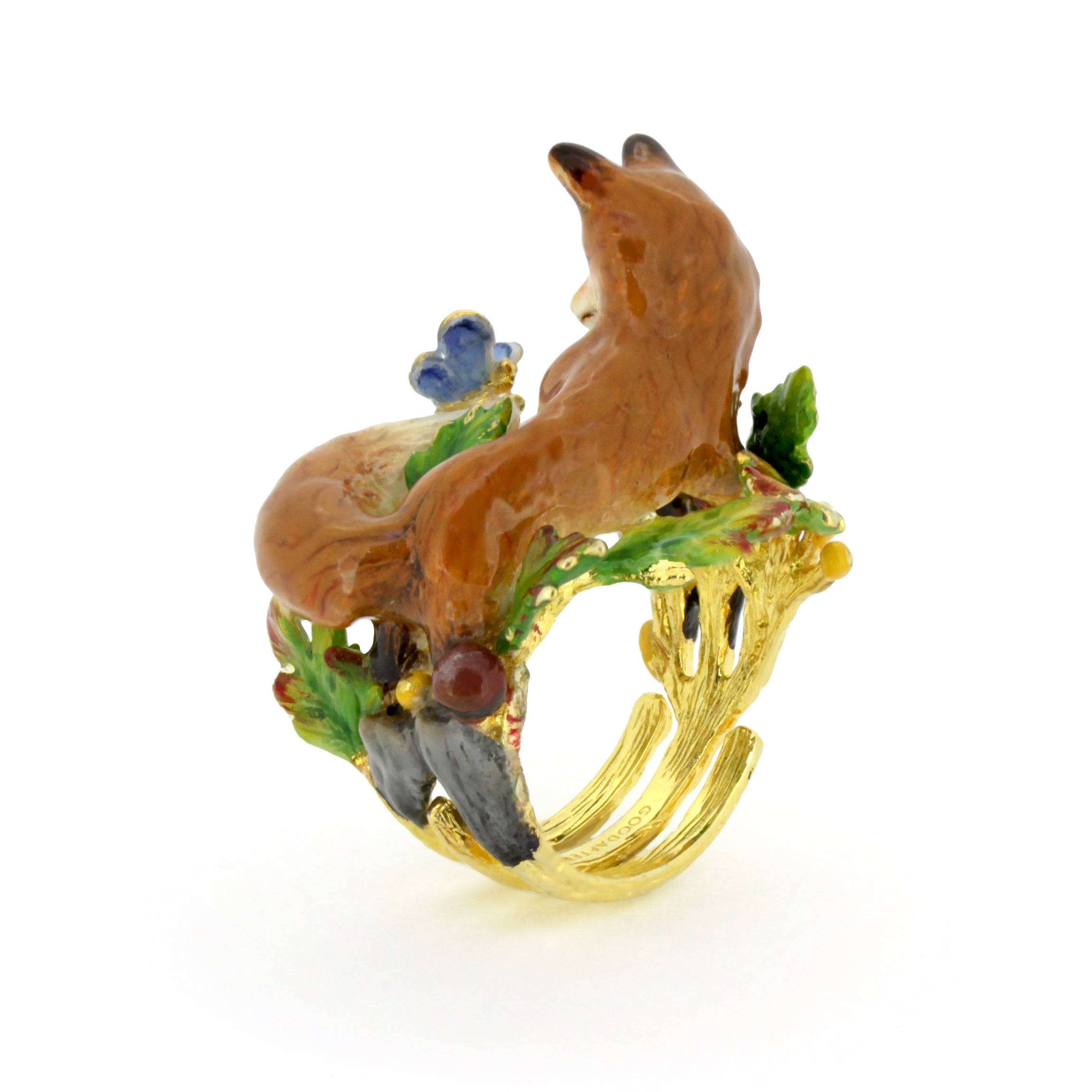 A beautifully crafted gold ring featuring a fox and a butterfly, adorned with colorful enamel details.