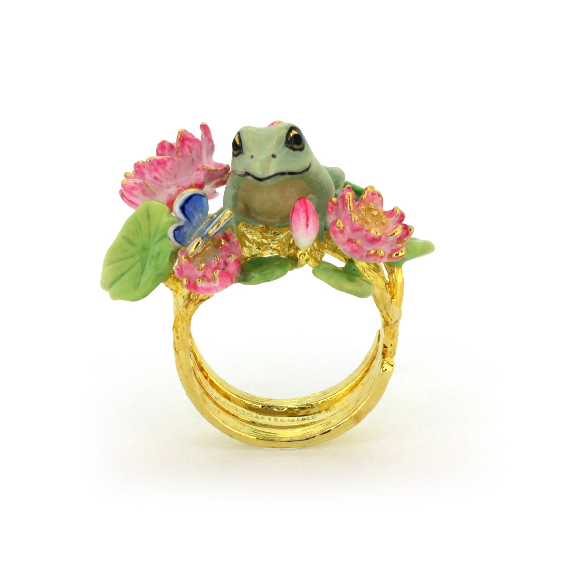 Artistic gold ring with a detailed frog and vibrant floral design.