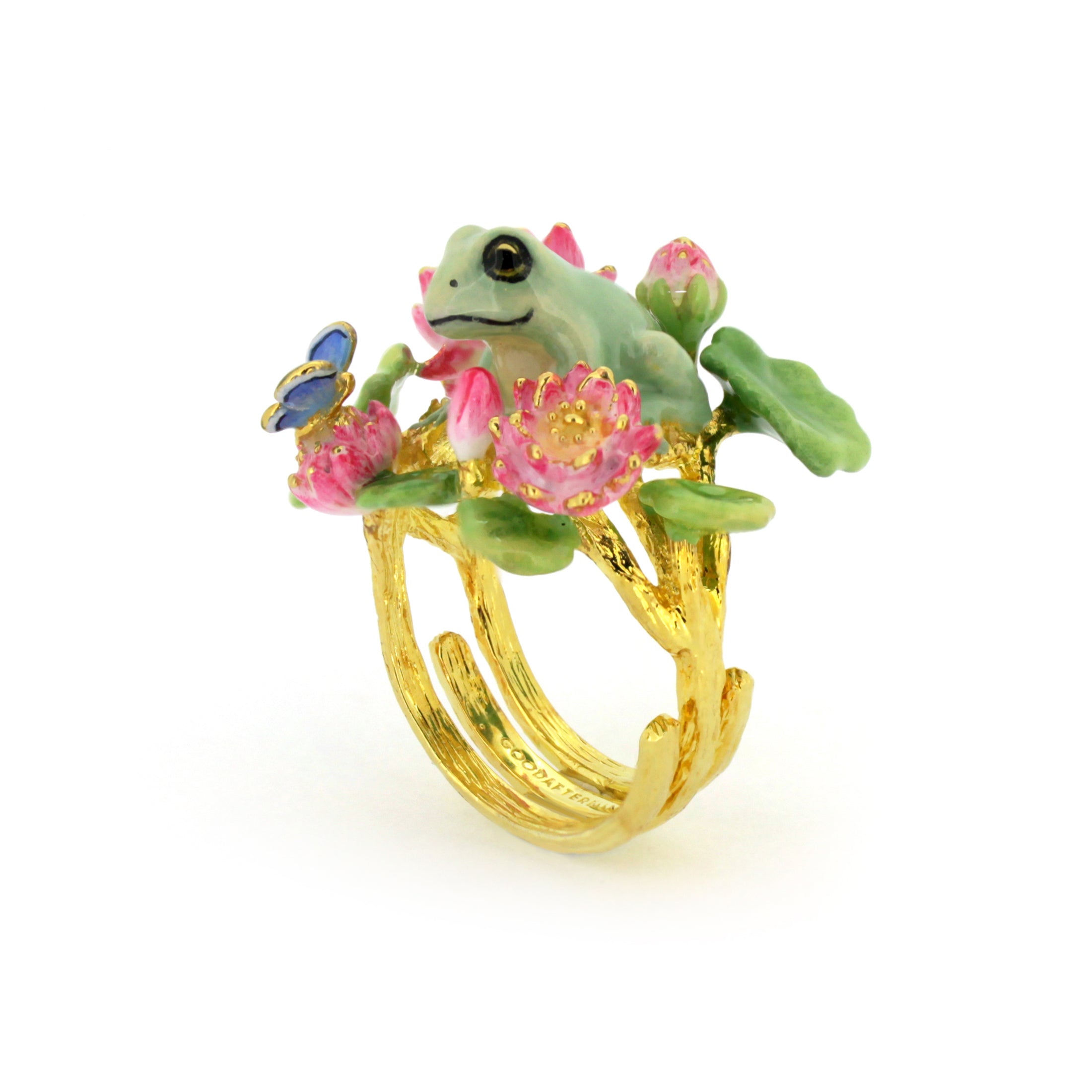 Artistic gold ring with a detailed frog and vibrant floral design.