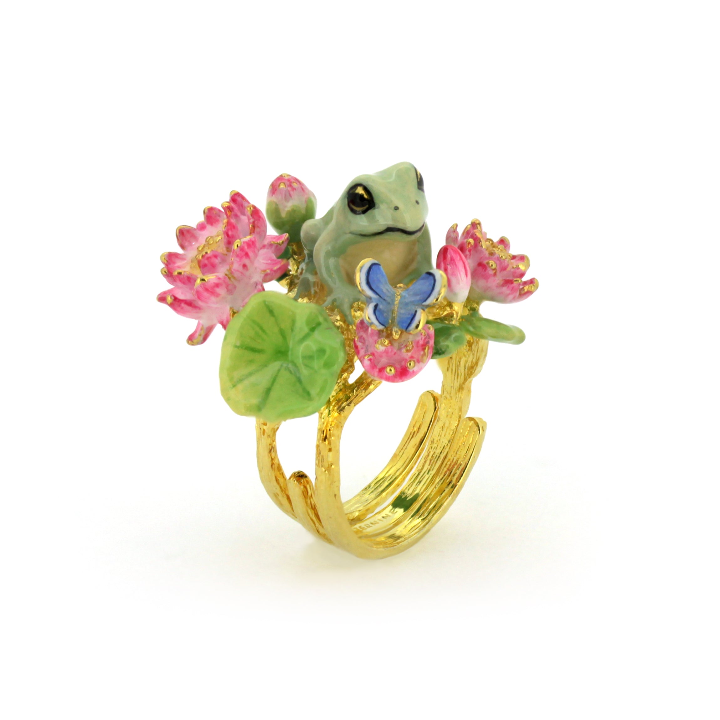 Artistic gold ring with a detailed frog and vibrant floral design.