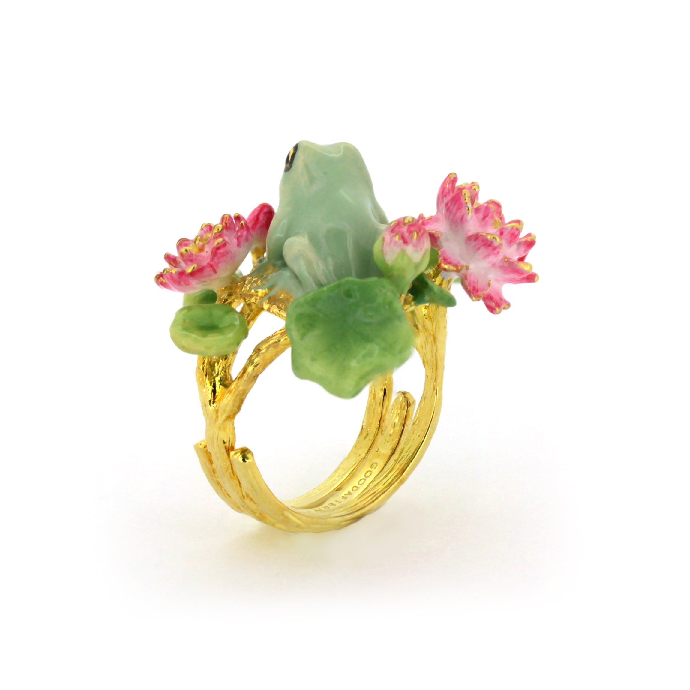 Artistic gold ring with a detailed frog and vibrant floral design.