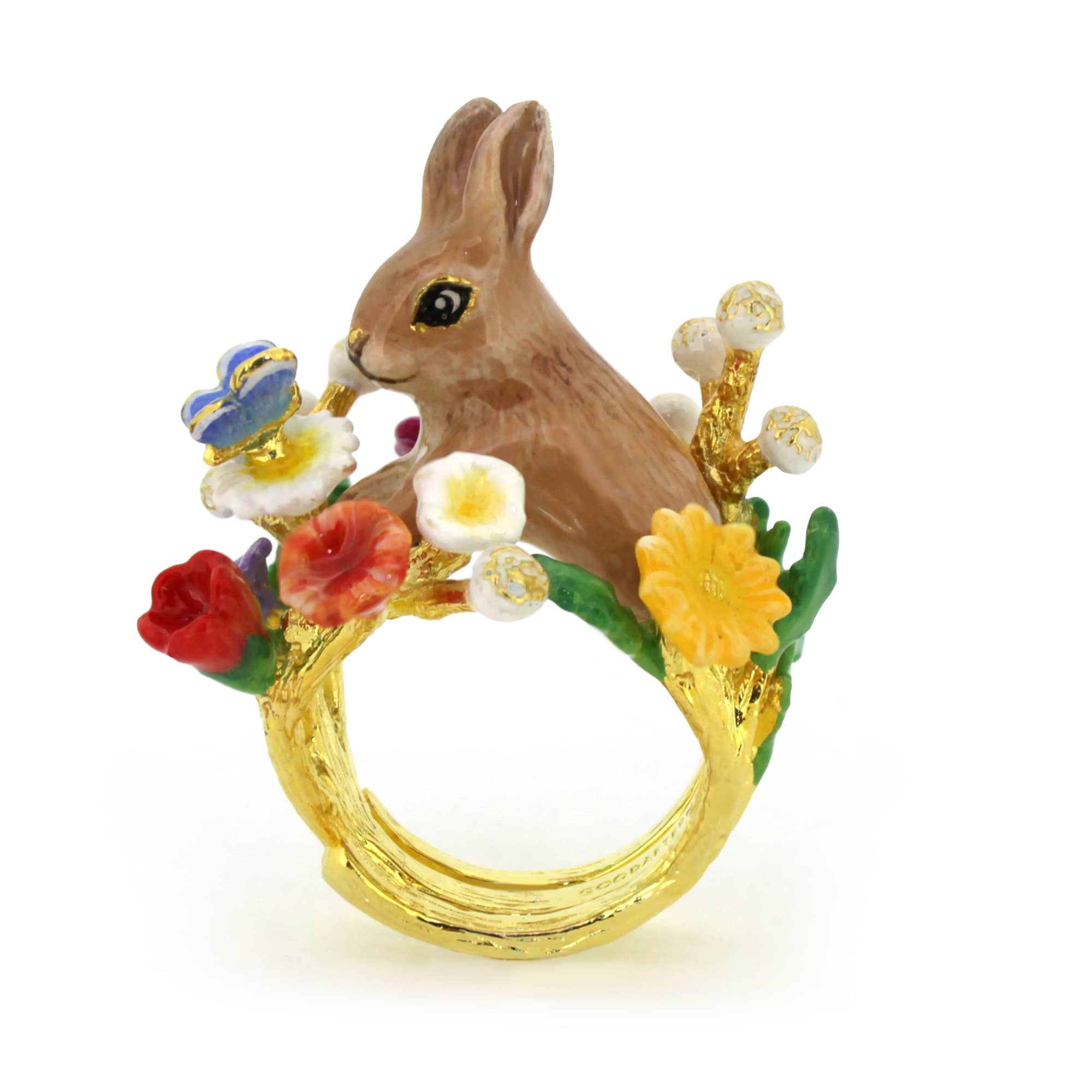 Beautiful ring featuring a rabbit surrounded by flowers including red roses, yellow daisies, and a blue butterfly, all set against a gold band.