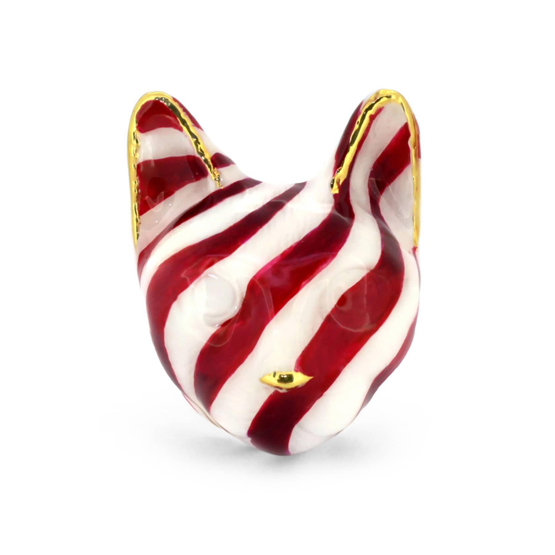 A unique cat ring showcasing a festive red and white stripe design inspired by candy canes.