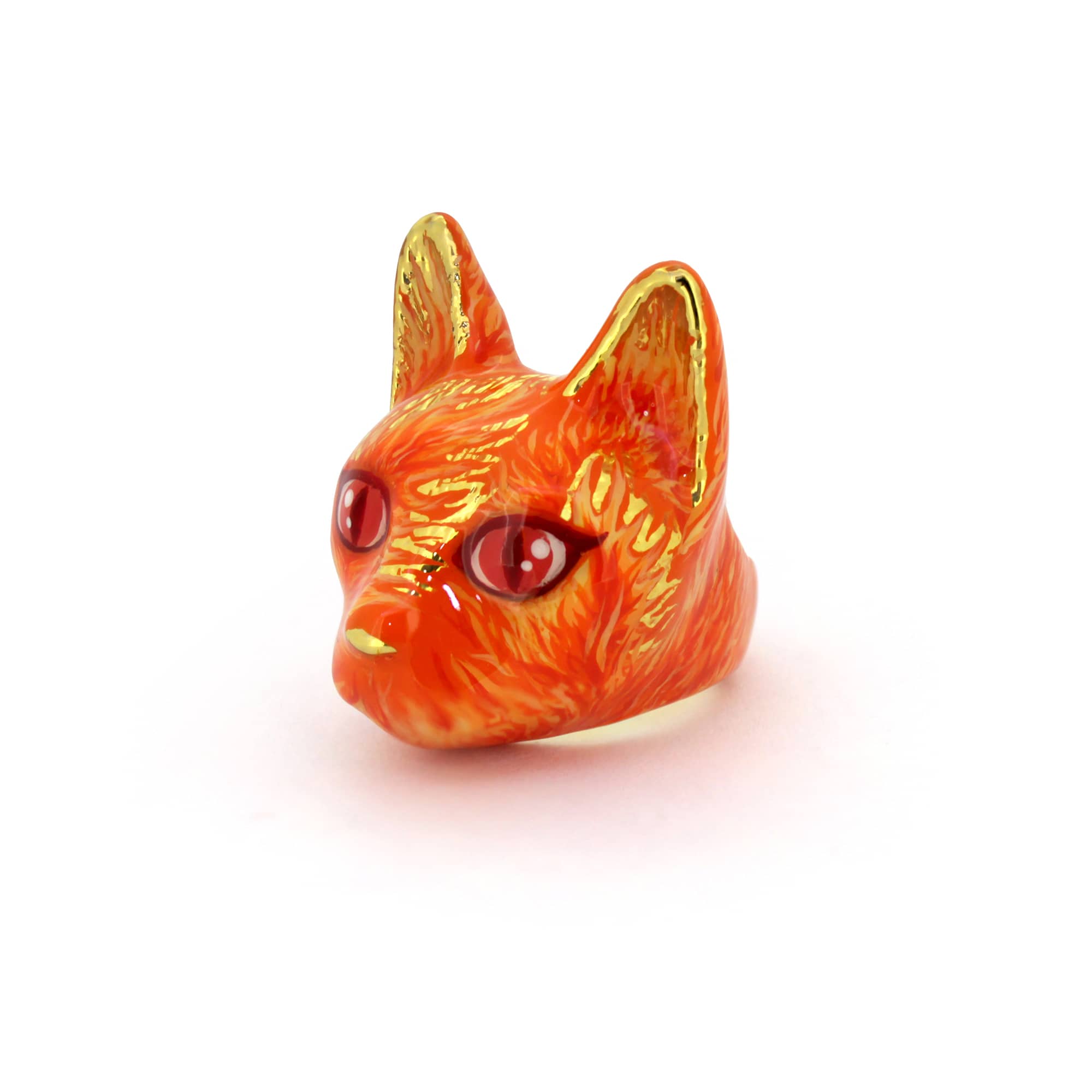 Playful cat ring, featuring bright orange and red colors with fiery details.