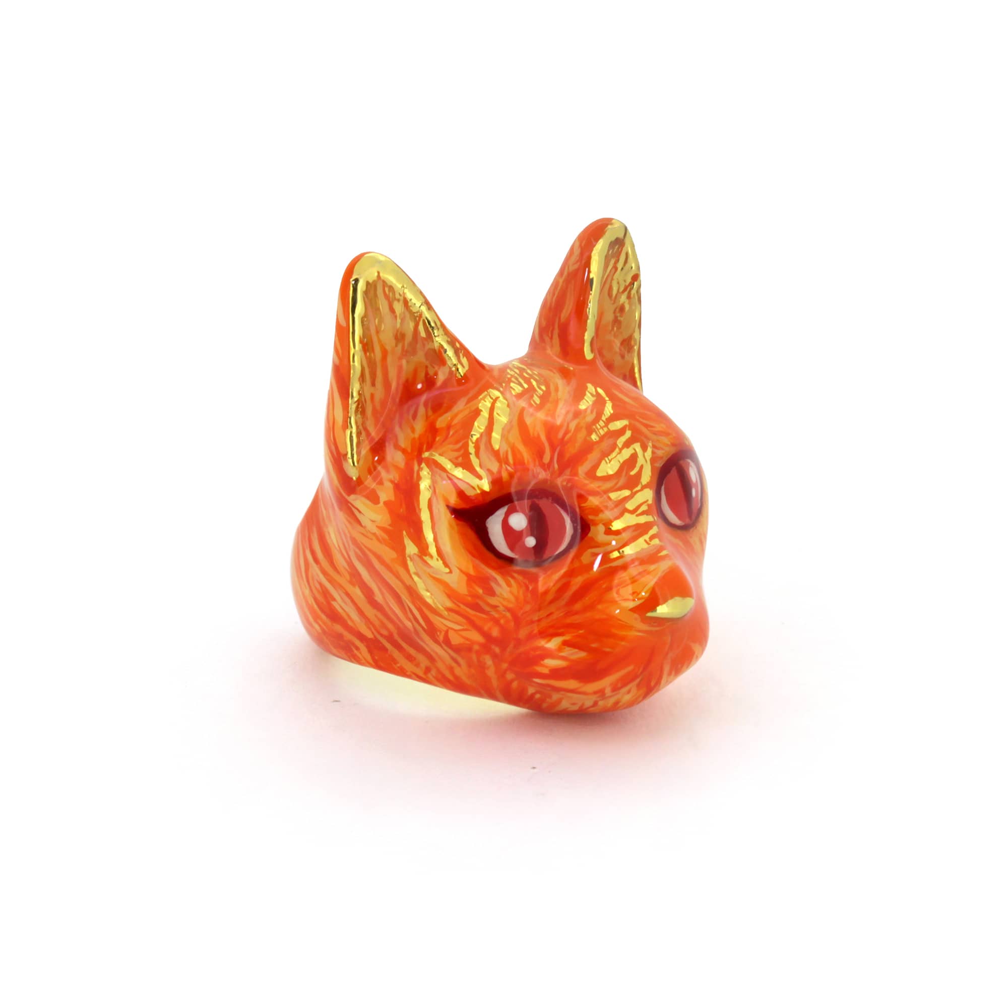 Playful cat ring, featuring bright orange and red colors with fiery details.