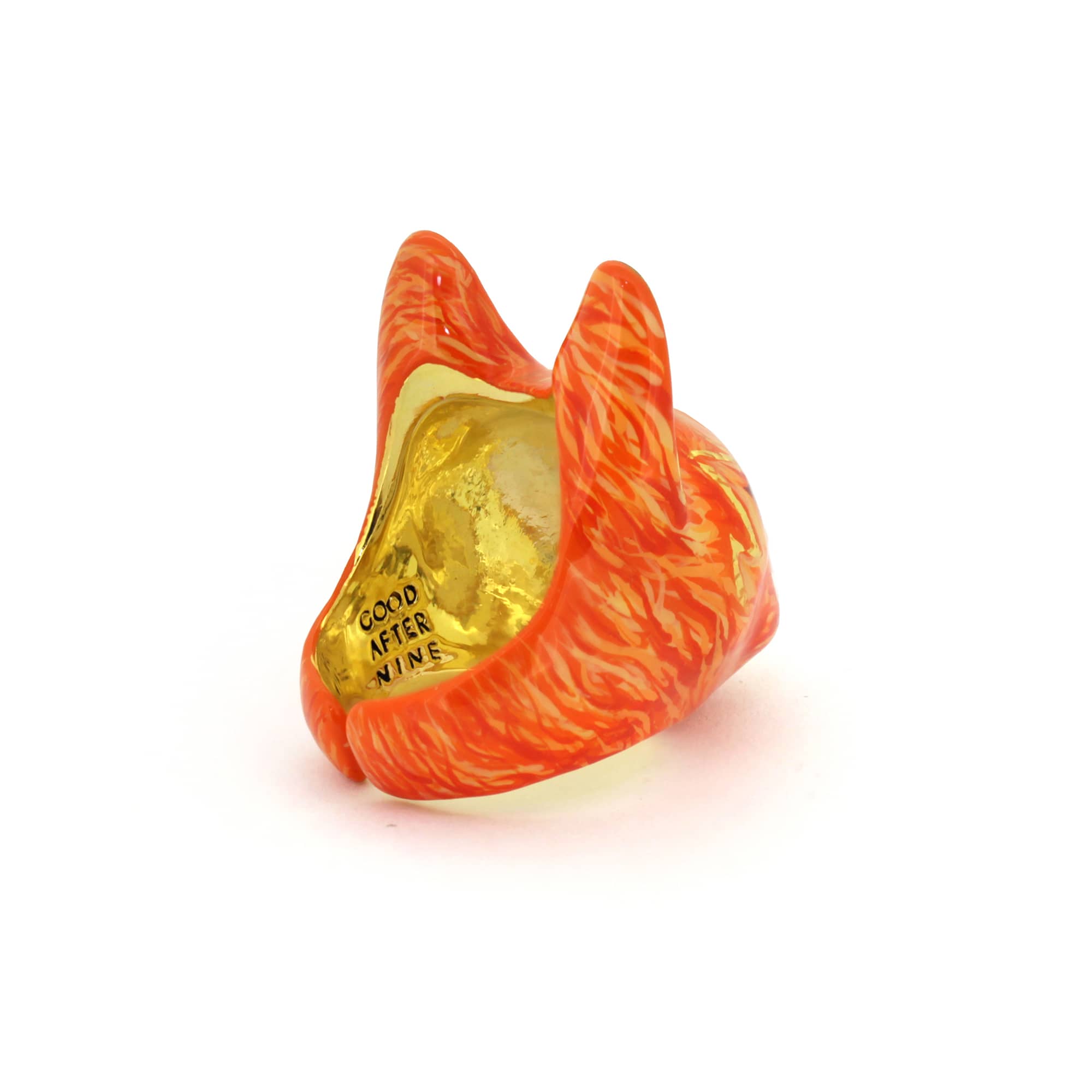 Playful cat ring, featuring bright orange and red colors with fiery details.