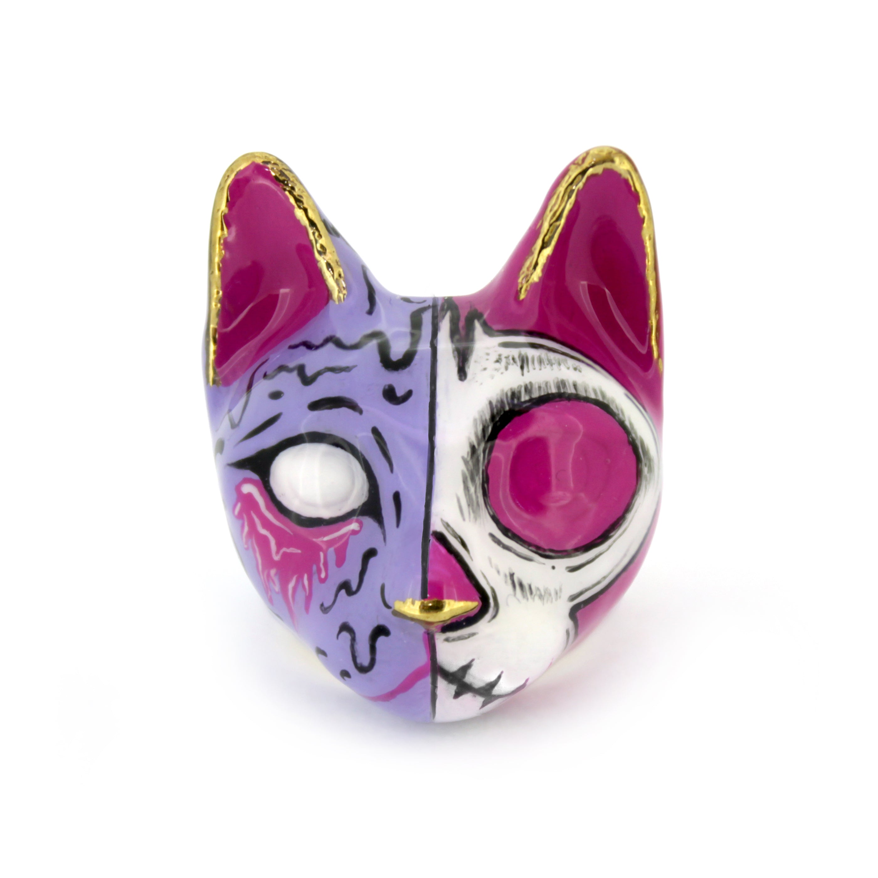 Colorful zombie cat ring with a split design, showcasing a stylized skull and vibrant colors, perfect for Halloween costumes.