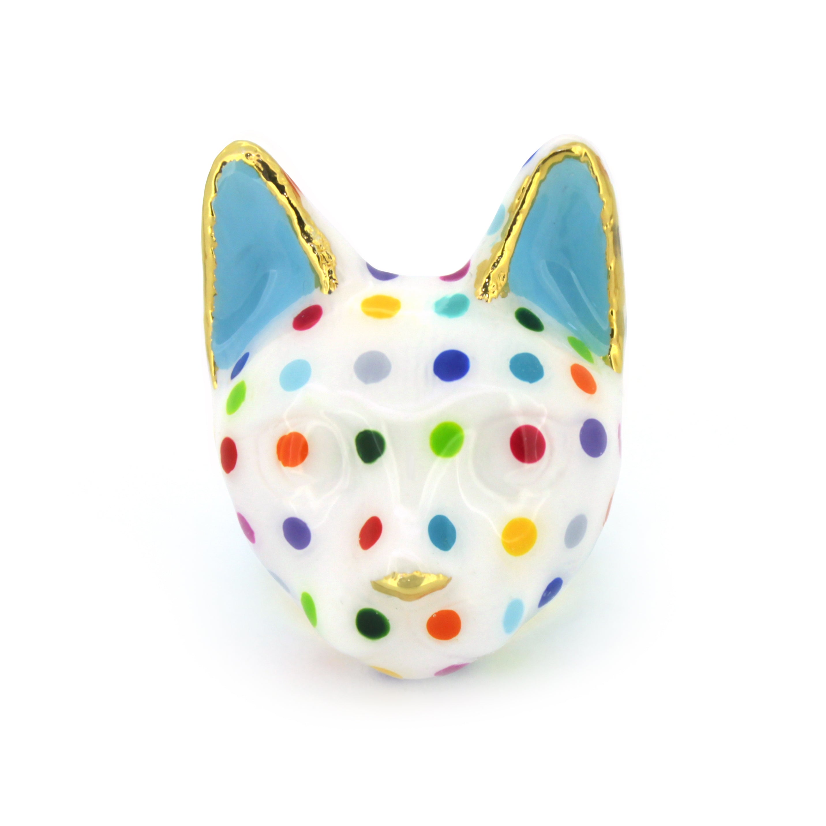 Unique cat ring with a charming design and colorful polka dots.