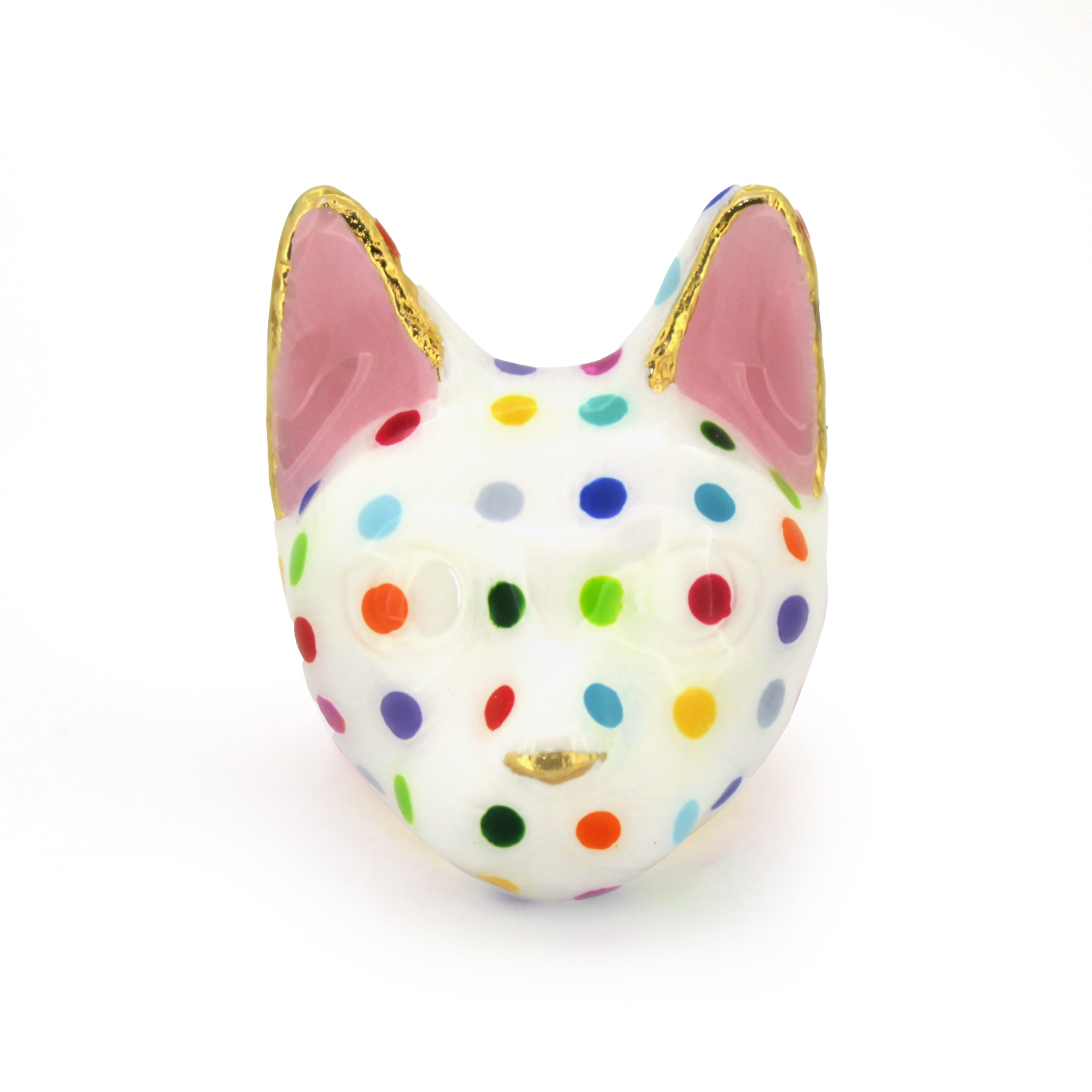 Unique cat ring with a playful design and colorful polka dots.