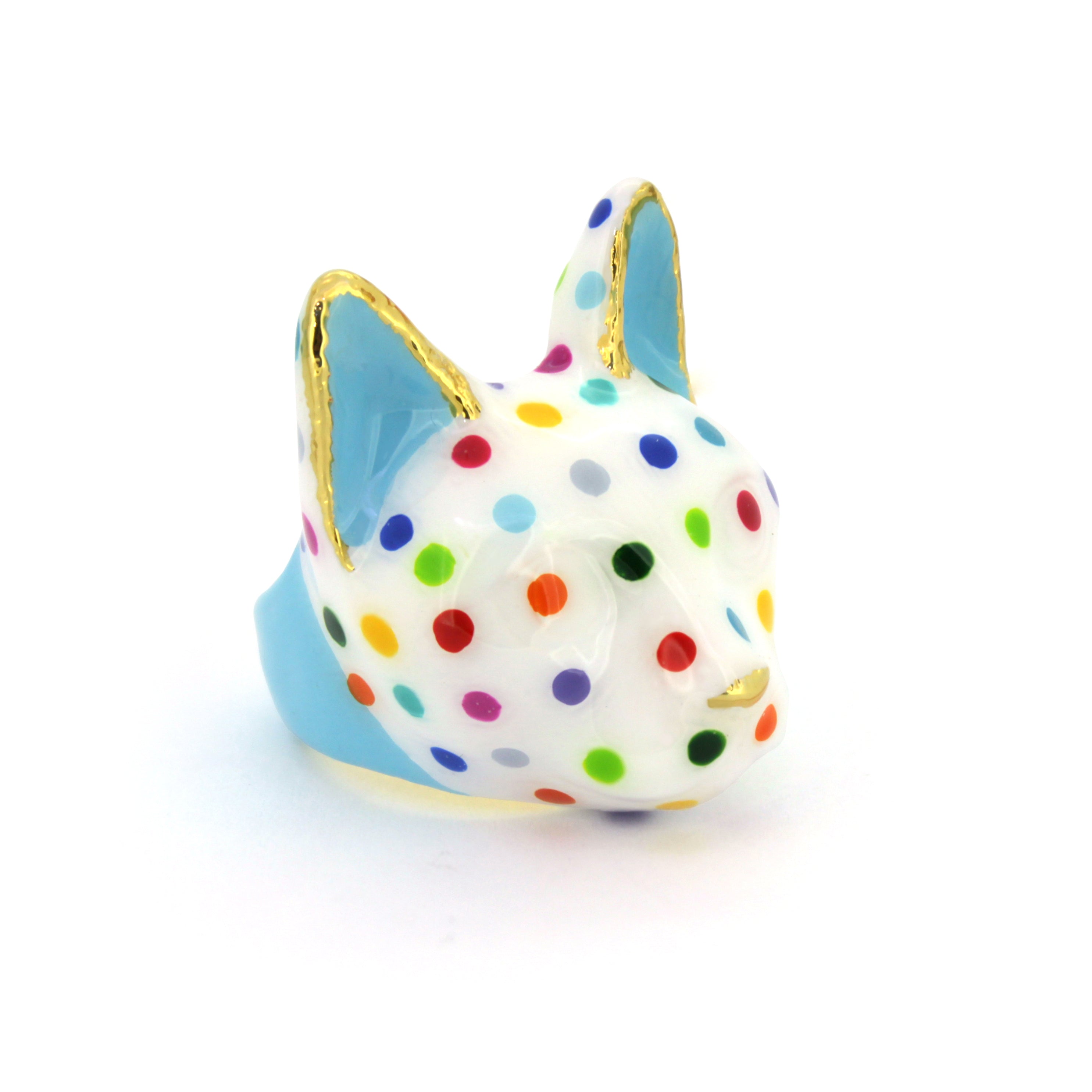 Unique cat ring with a charming design and colorful polka dots.