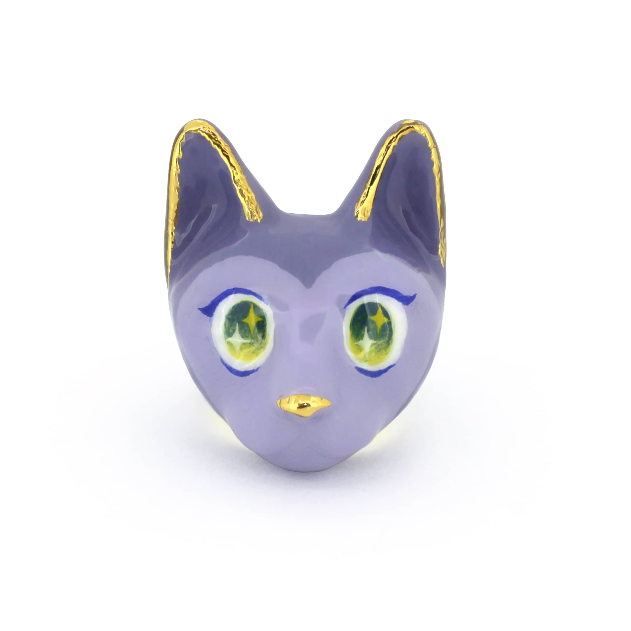 Handmade cat ring with a charming purple finish and detailed eyes.