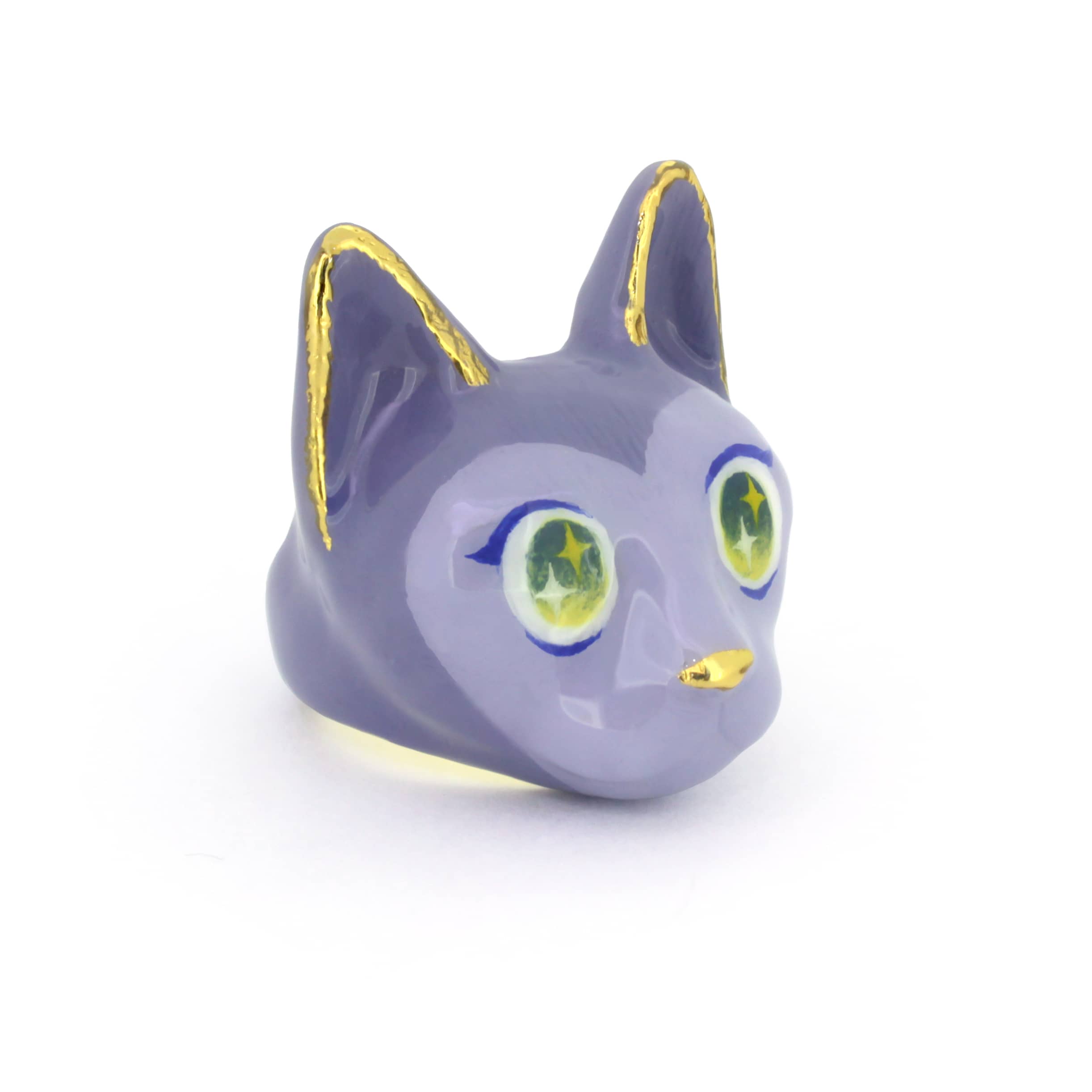 Handmade cat ring with a charming purple finish and detailed eyes, perfect for cat lovers.