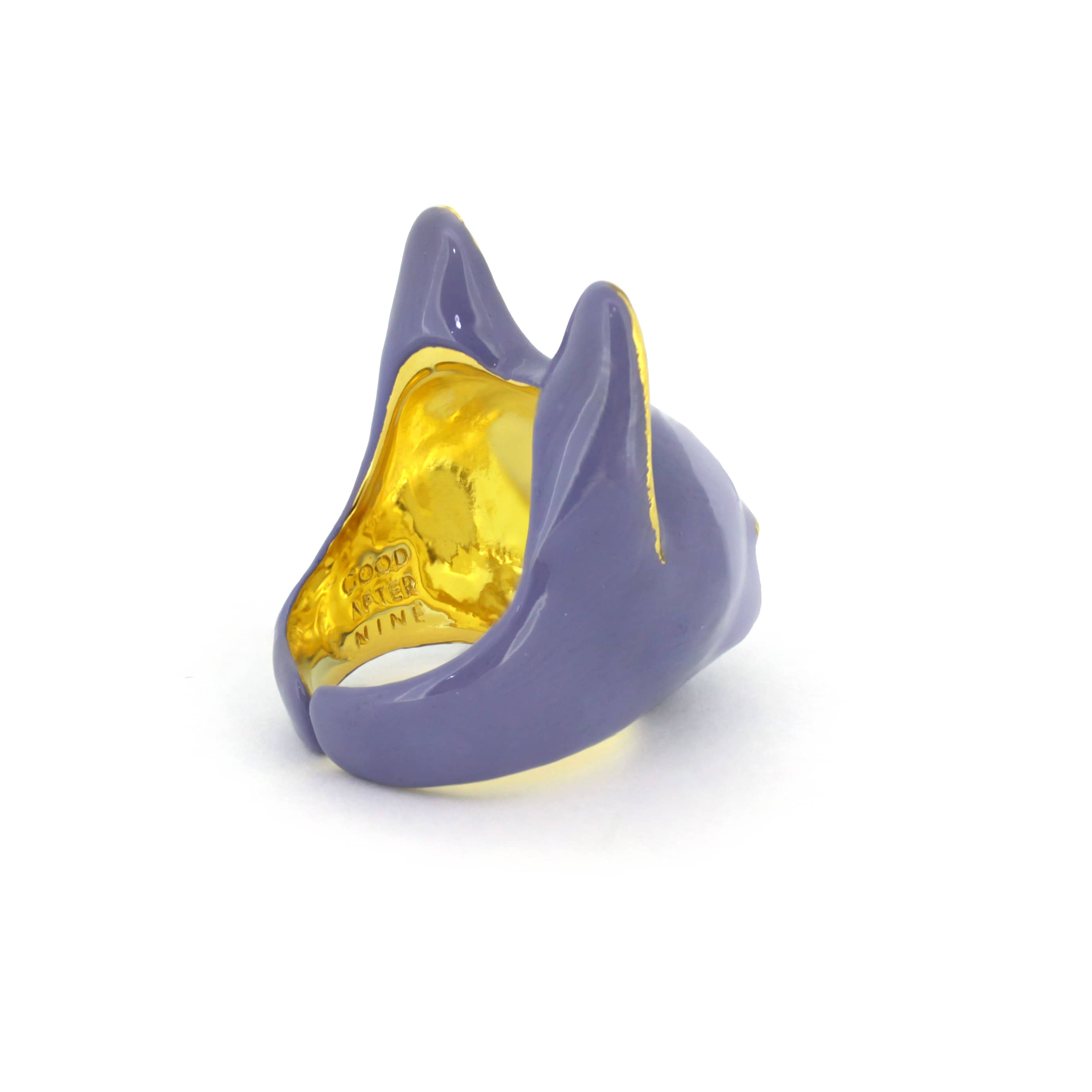 Handmade cat ring with a charming purple finish and detailed eyes, perfect for cat lovers.