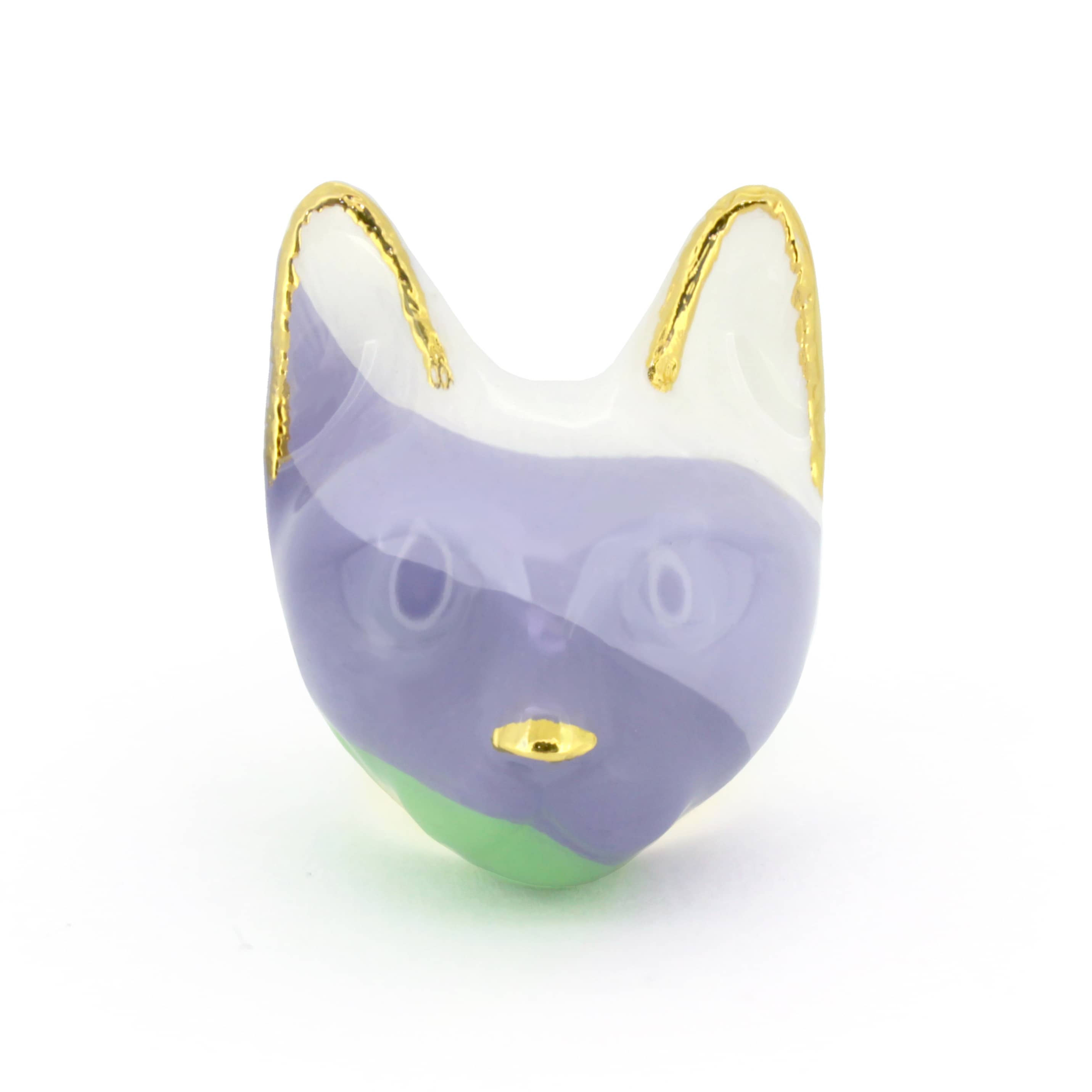 Unique cat ring in lavender, green, and white with golden accents on the ears and a small gold nose.