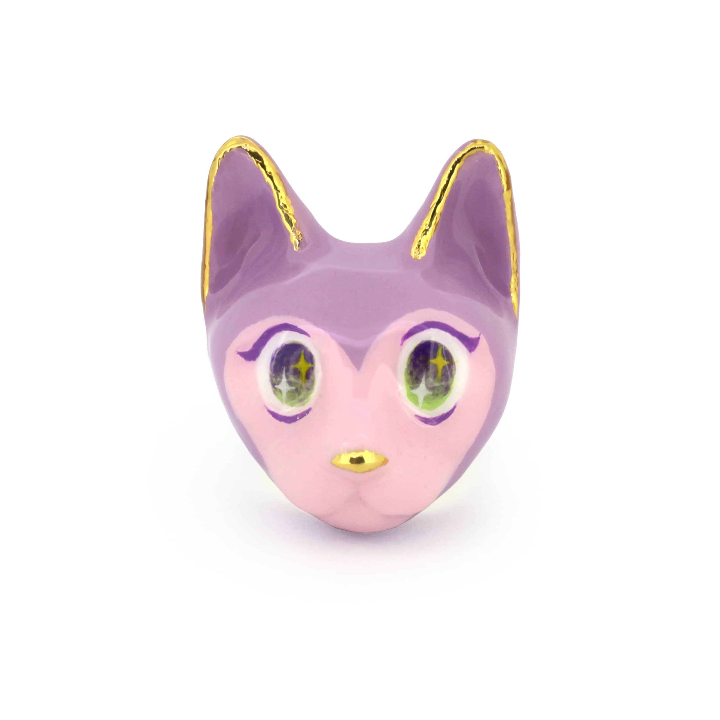 A whimsical cat head ring featuring purple and pink tones, with charming large eyes, perfect for art collectors.