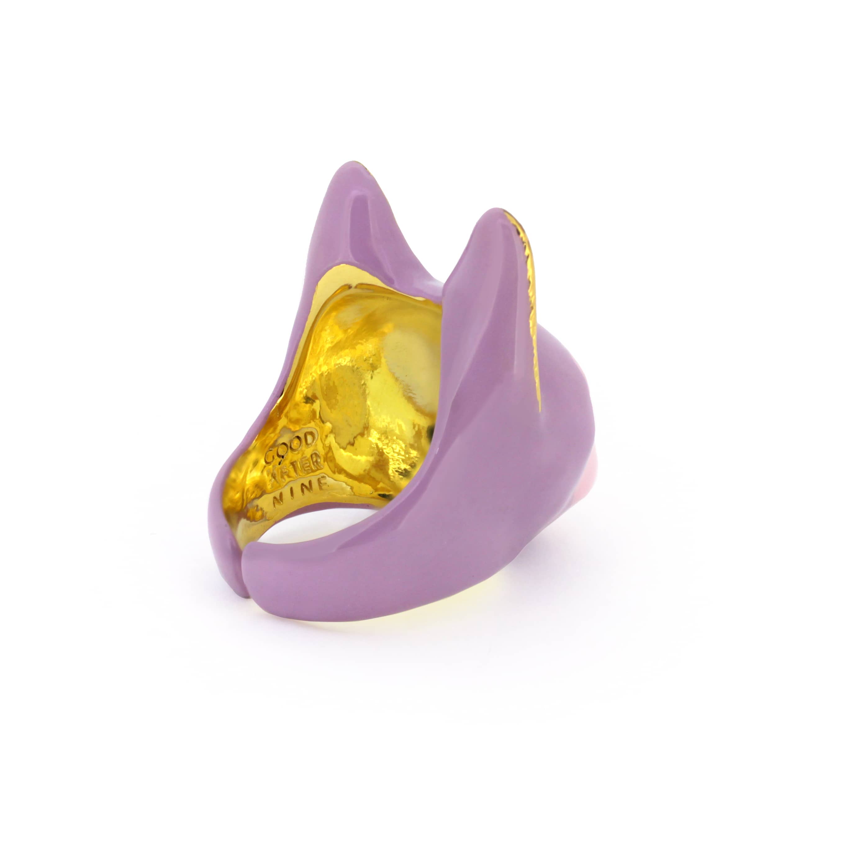 A whimsical cat head ring featuring purple and pink tones, with charming large eyes.