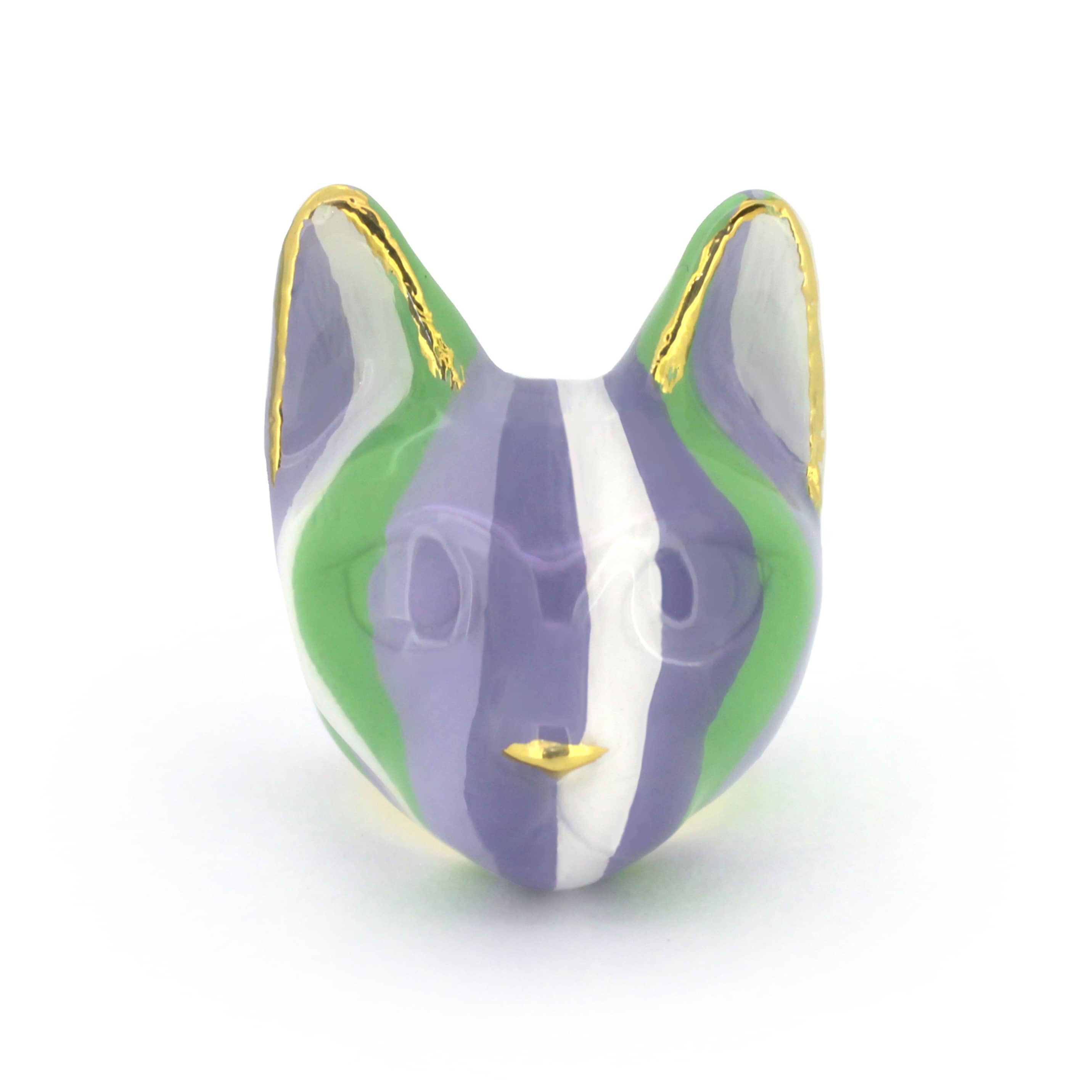 A whimsical cat ring designed in lavender tones, showcasing stripes of green and purple.