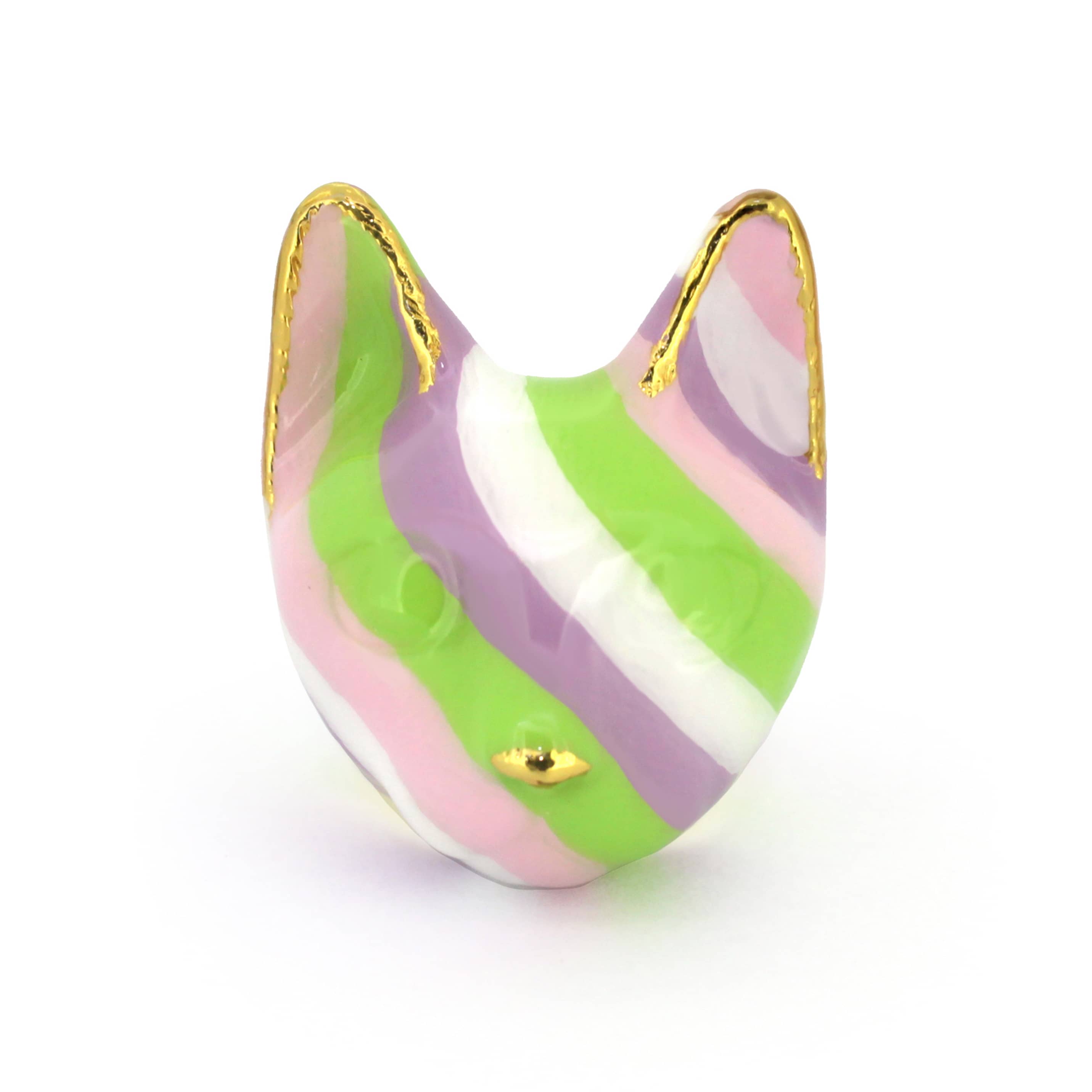 A whimsical cat ring designed in lilac tones, showcasing stripes of green, pink and purple.