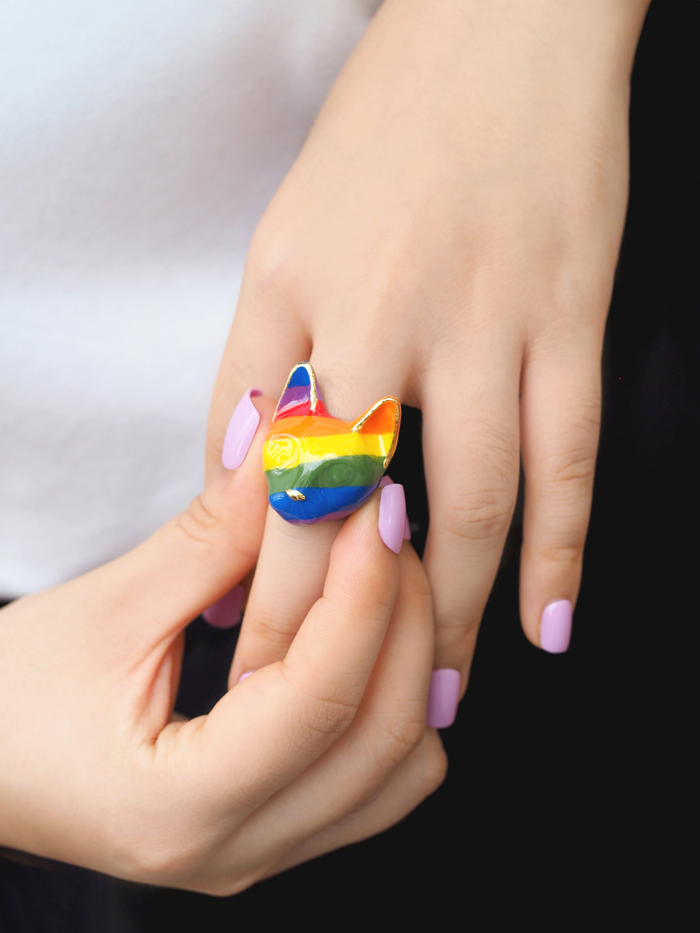 Close-up of a hand wearing a cat ring showcasing stripes with vibrant rainbow stripes