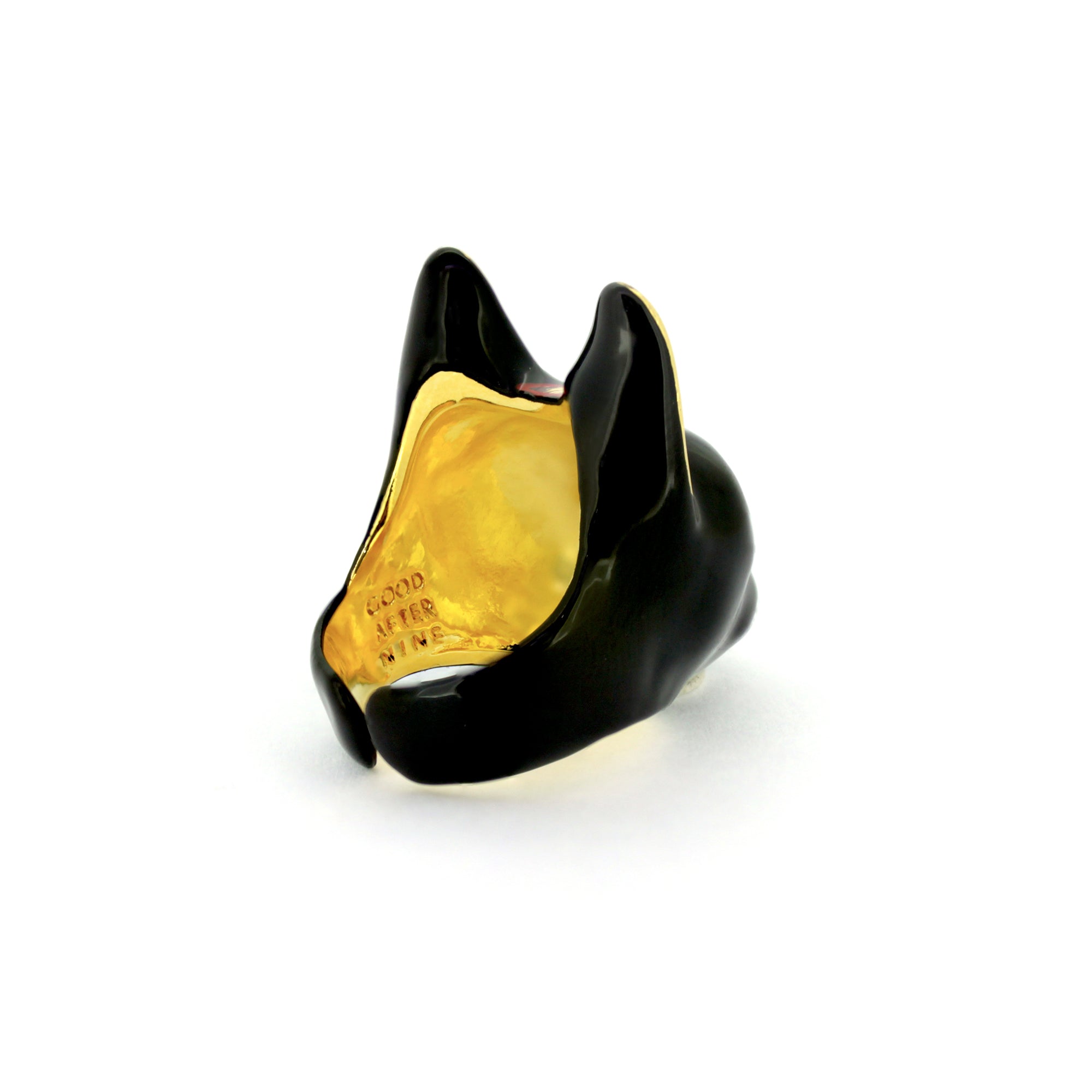 A playful black cat ring and a lightning bolt design.