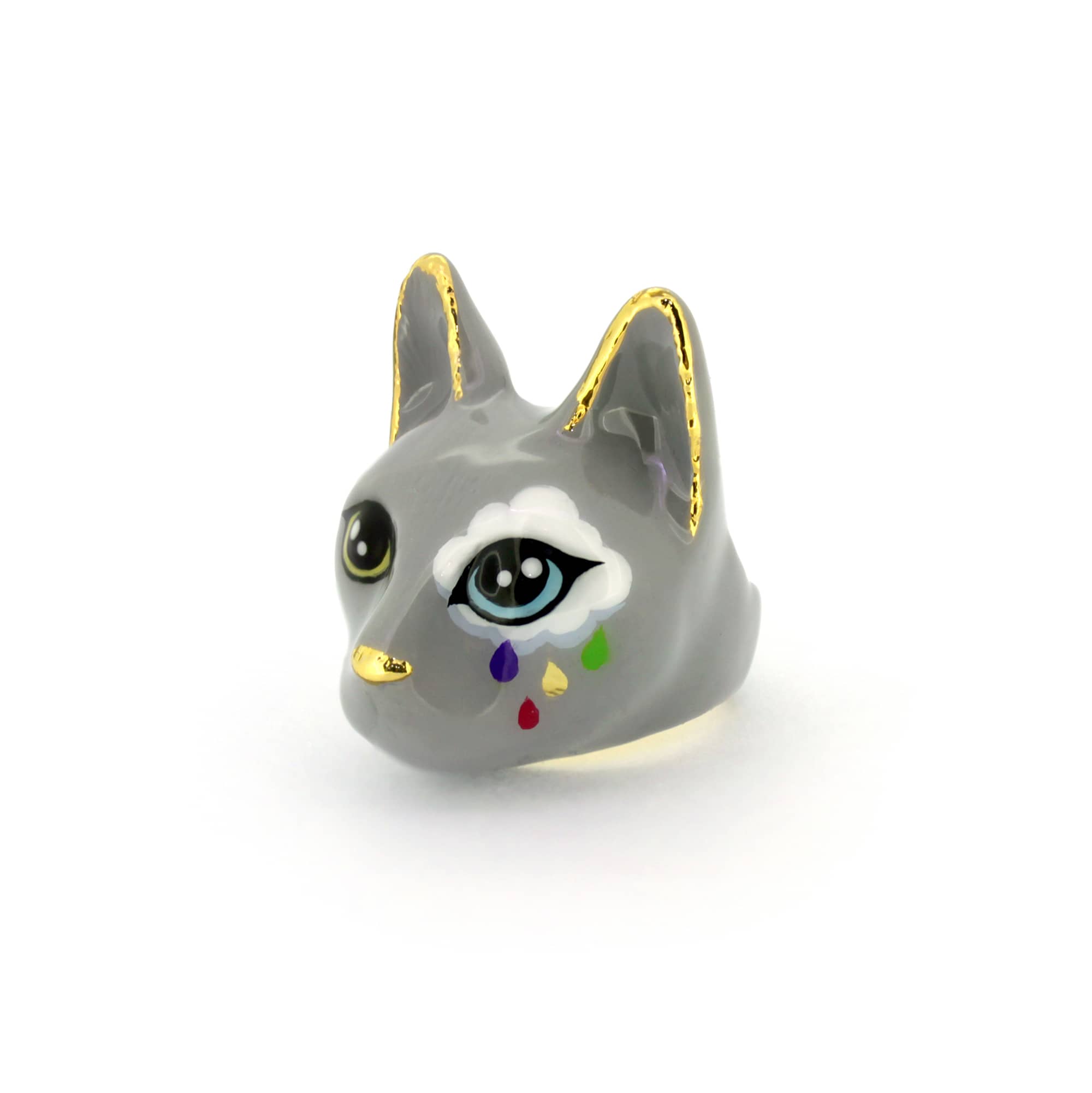 Unique Whimsical cat ring in grey, with large yellow and light blue eyes and a white cloud painted on one side, with colorful raindrops