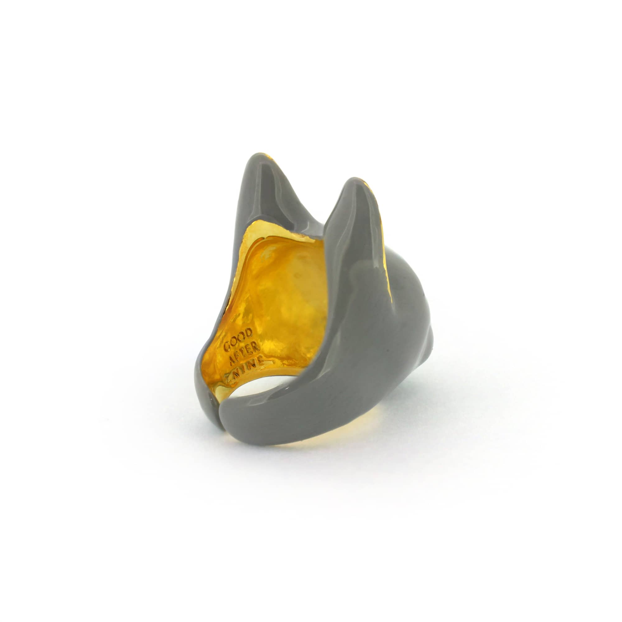 Playful cat ring in grey, with large yellow and light blue eyes and a white cloud painted on one side, with colorful raindrops