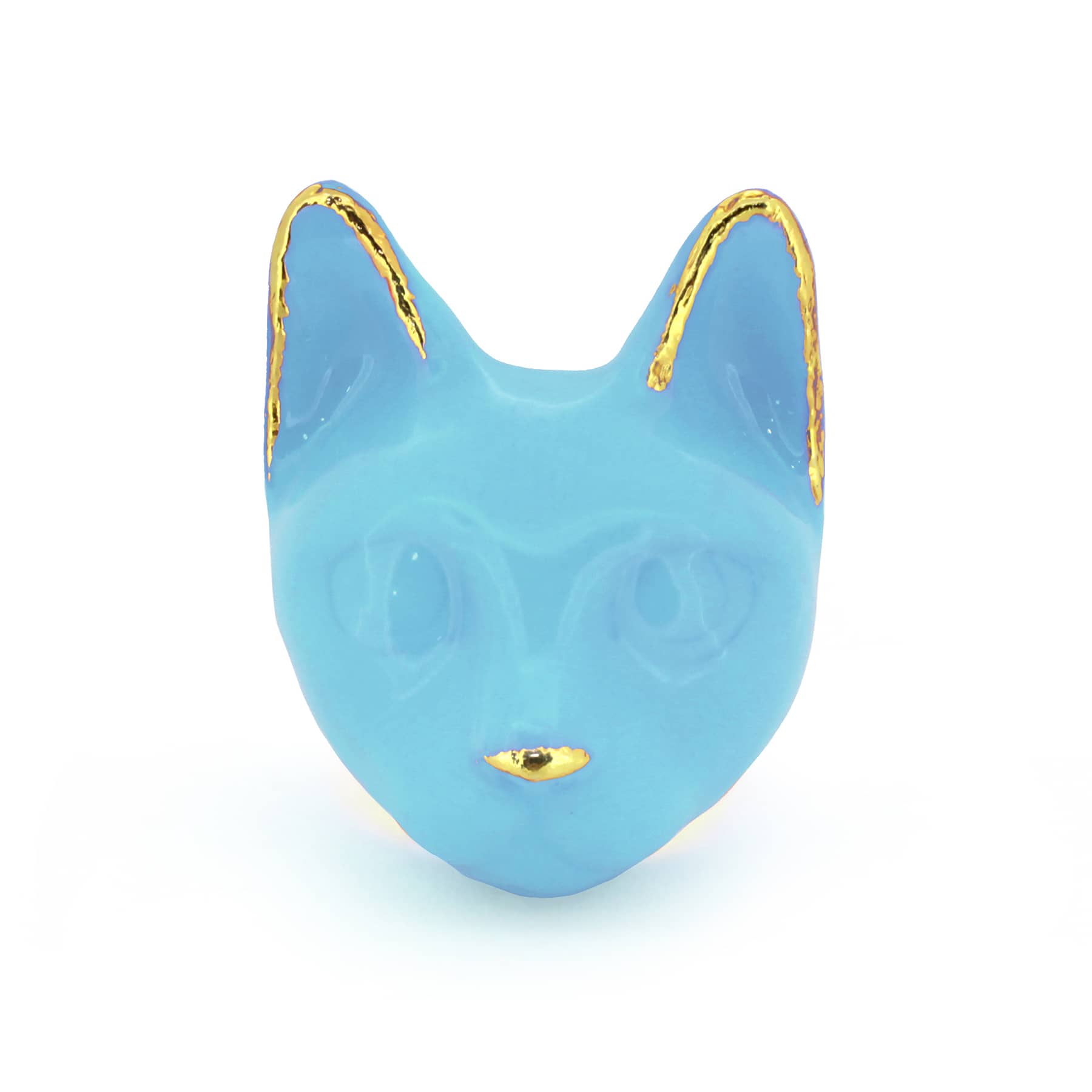 A blue cat's head ring with gold accents on the ears and a small gold nose