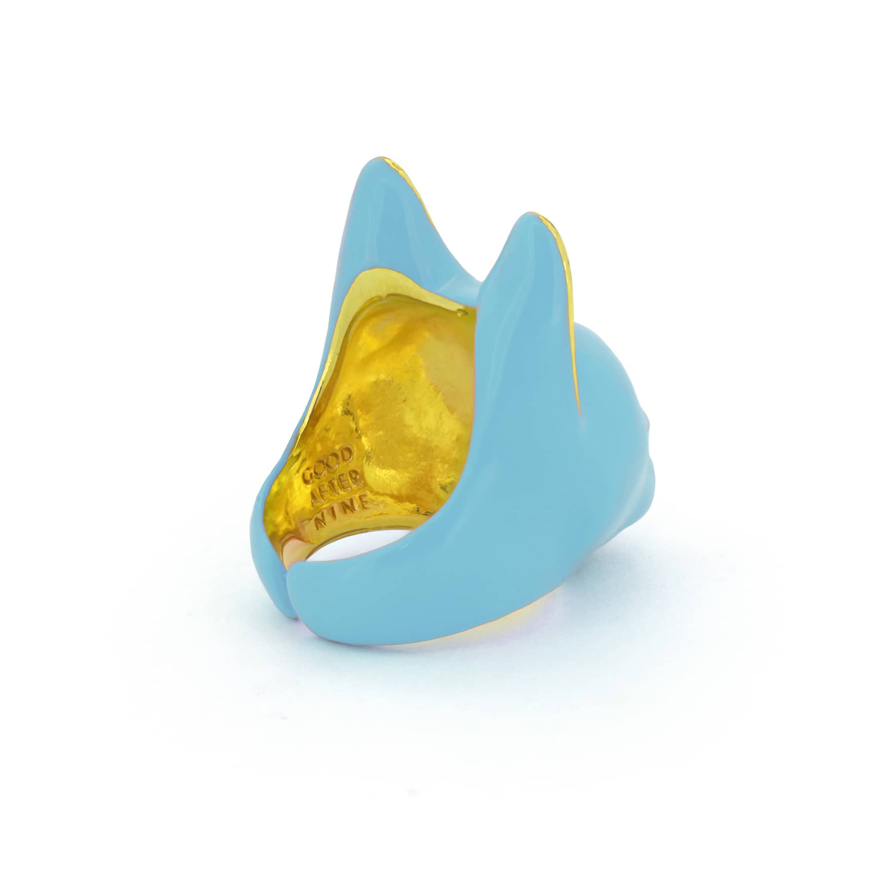 Unique blue cat's head ring with gold accents on the ears and a small gold nose