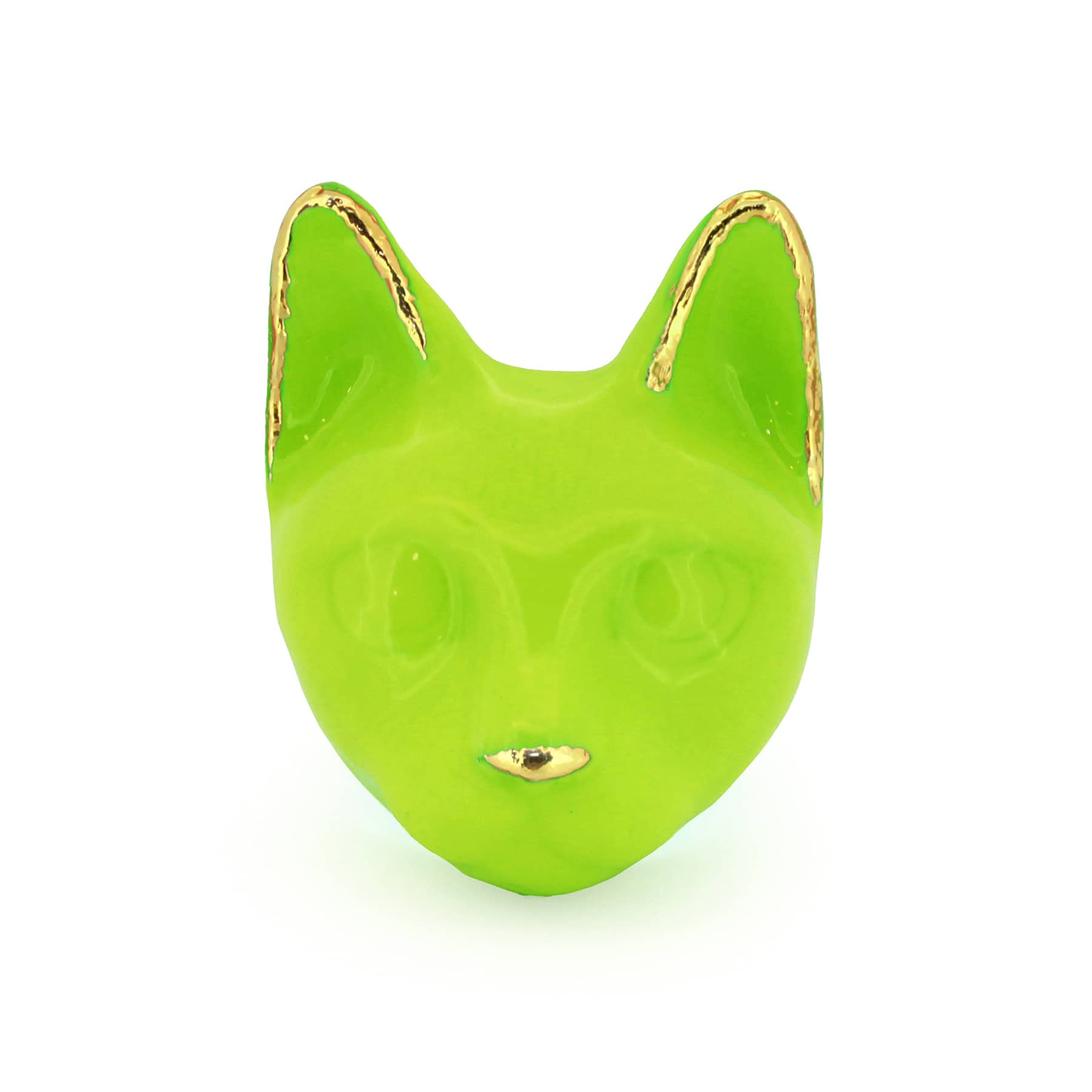 A green cat's head ring with gold accents on the ears and a small gold nose