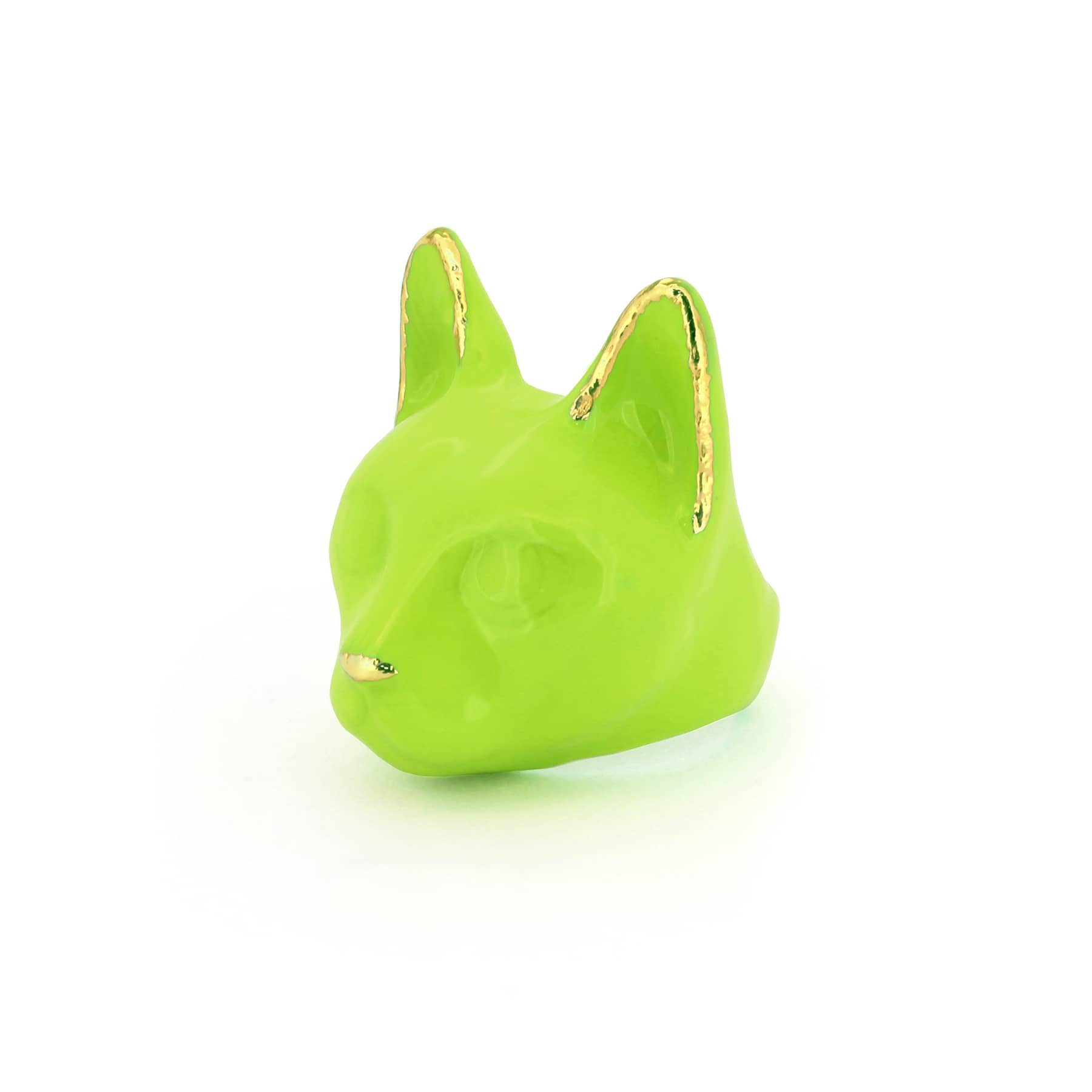 A green cat's head ring with gold accents on the ears and a small gold nose