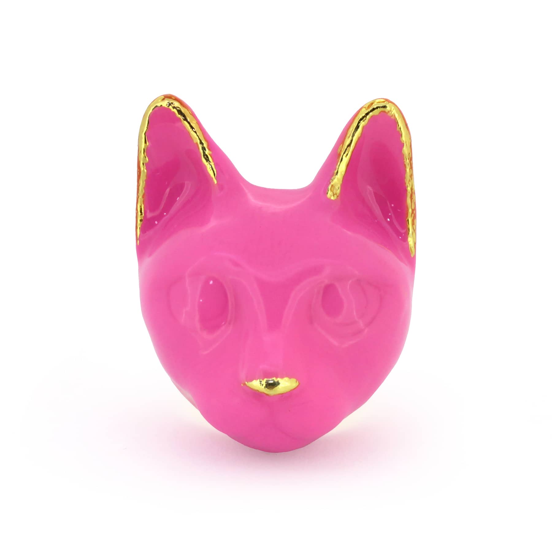 A pink cat's head ring with gold accents on the ears and a small gold nose