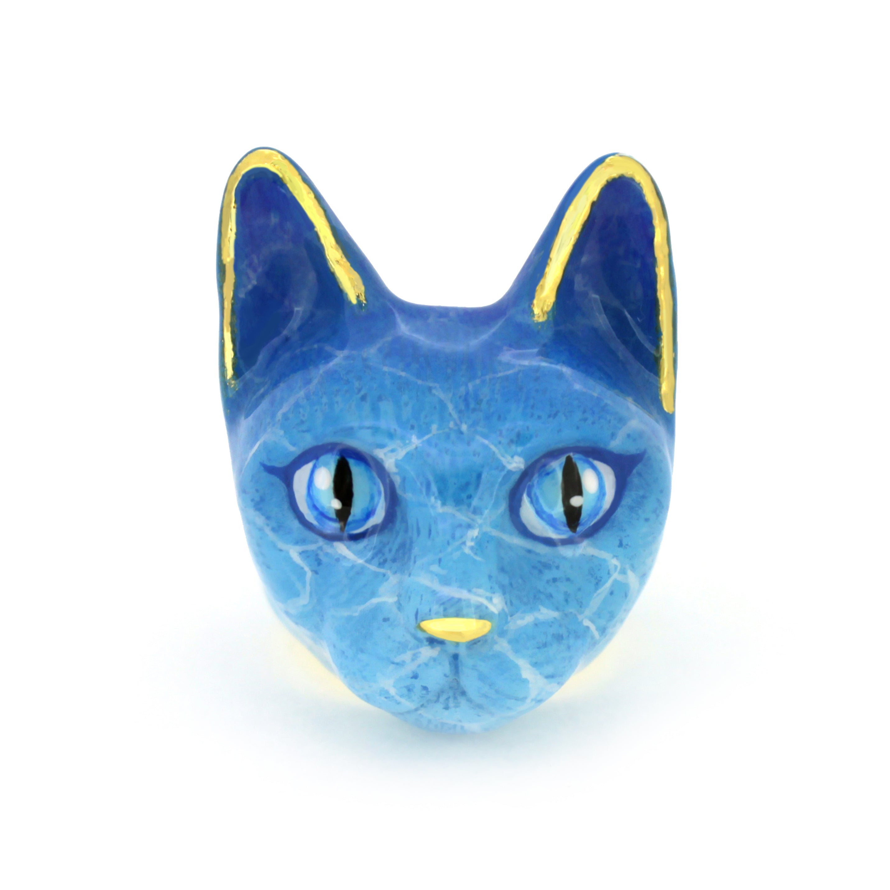 Blue cat-shaped ring with gold accents, featuring a water-like texture.