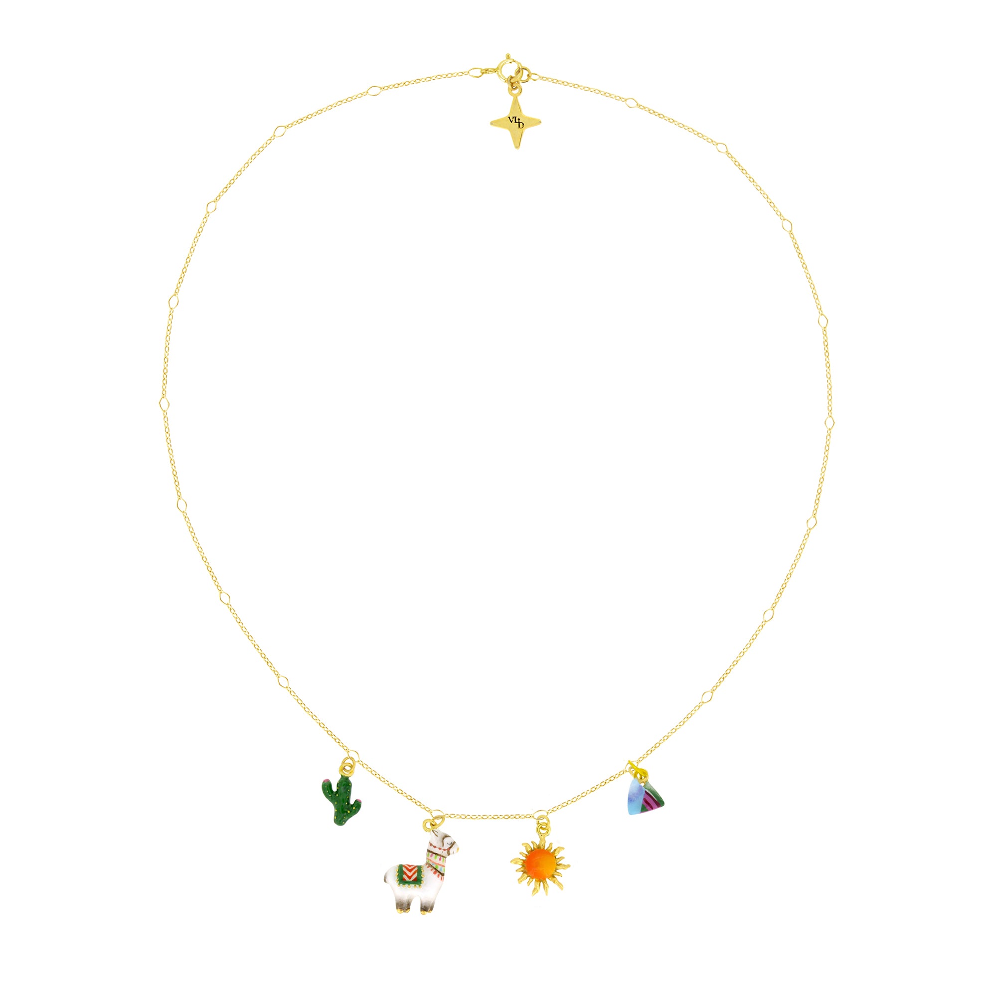 Alpaca cactus mountainand sun charm necklace for a playful accessory