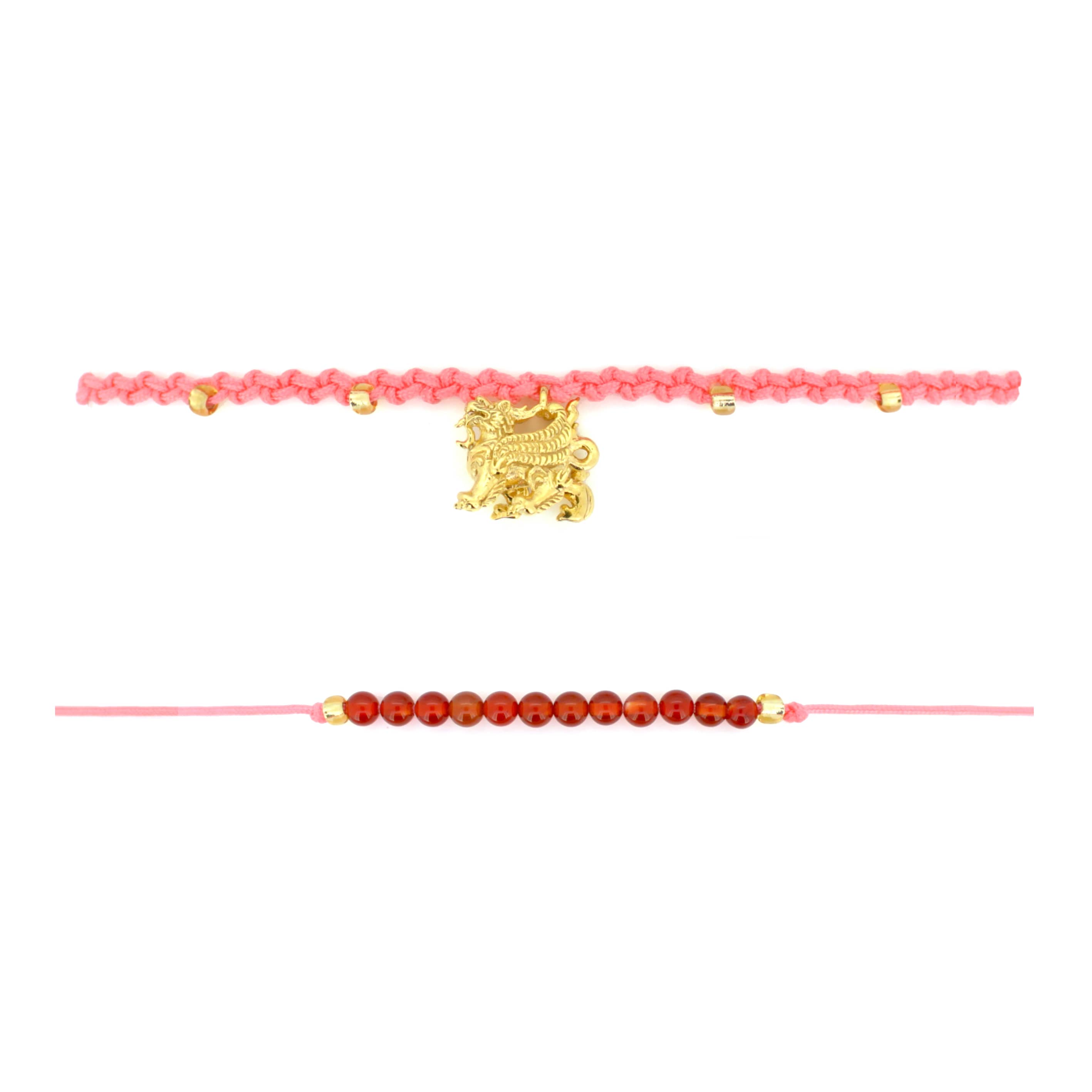 Set of two pink bracelets: one with a gold Pixiu charm, the other with  red agate-round beads.