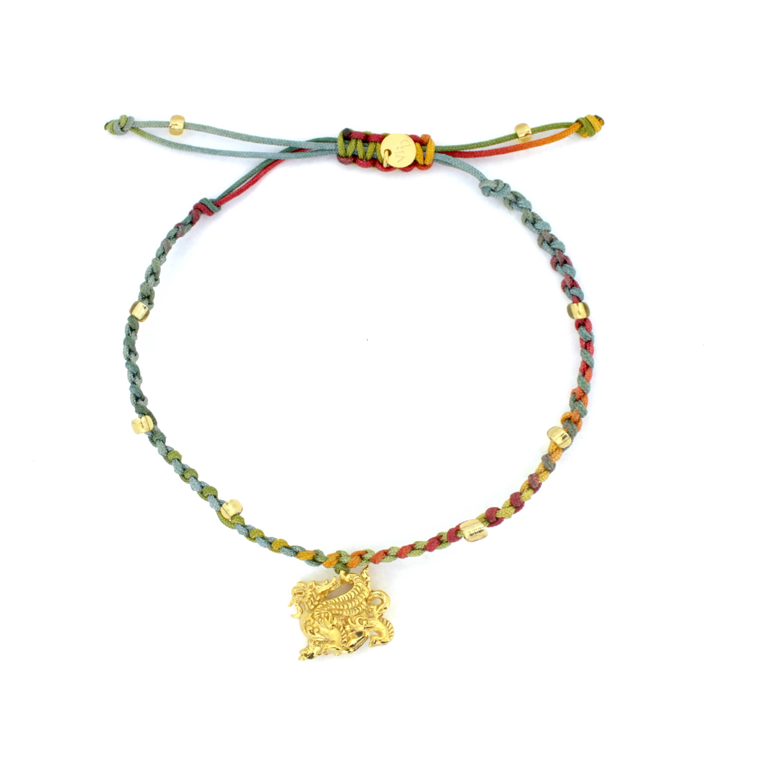 A colorful bracelet with a gold Pixiu charm