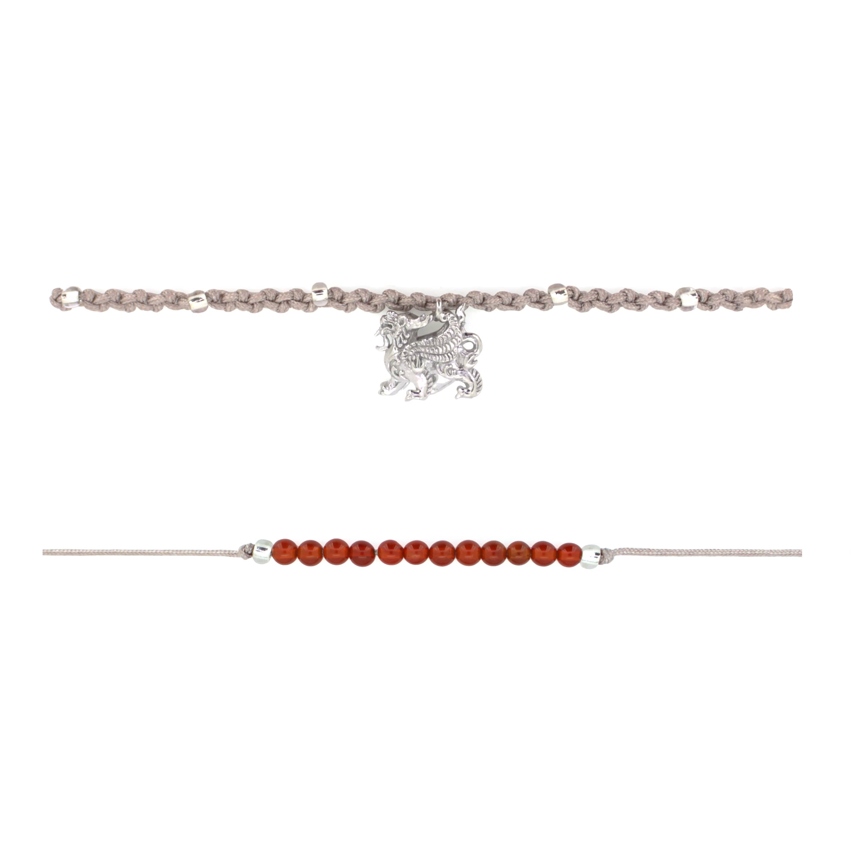 Set of two beige bracelets: one with a silver Pixiu charm, the other with  red agate-round beads.