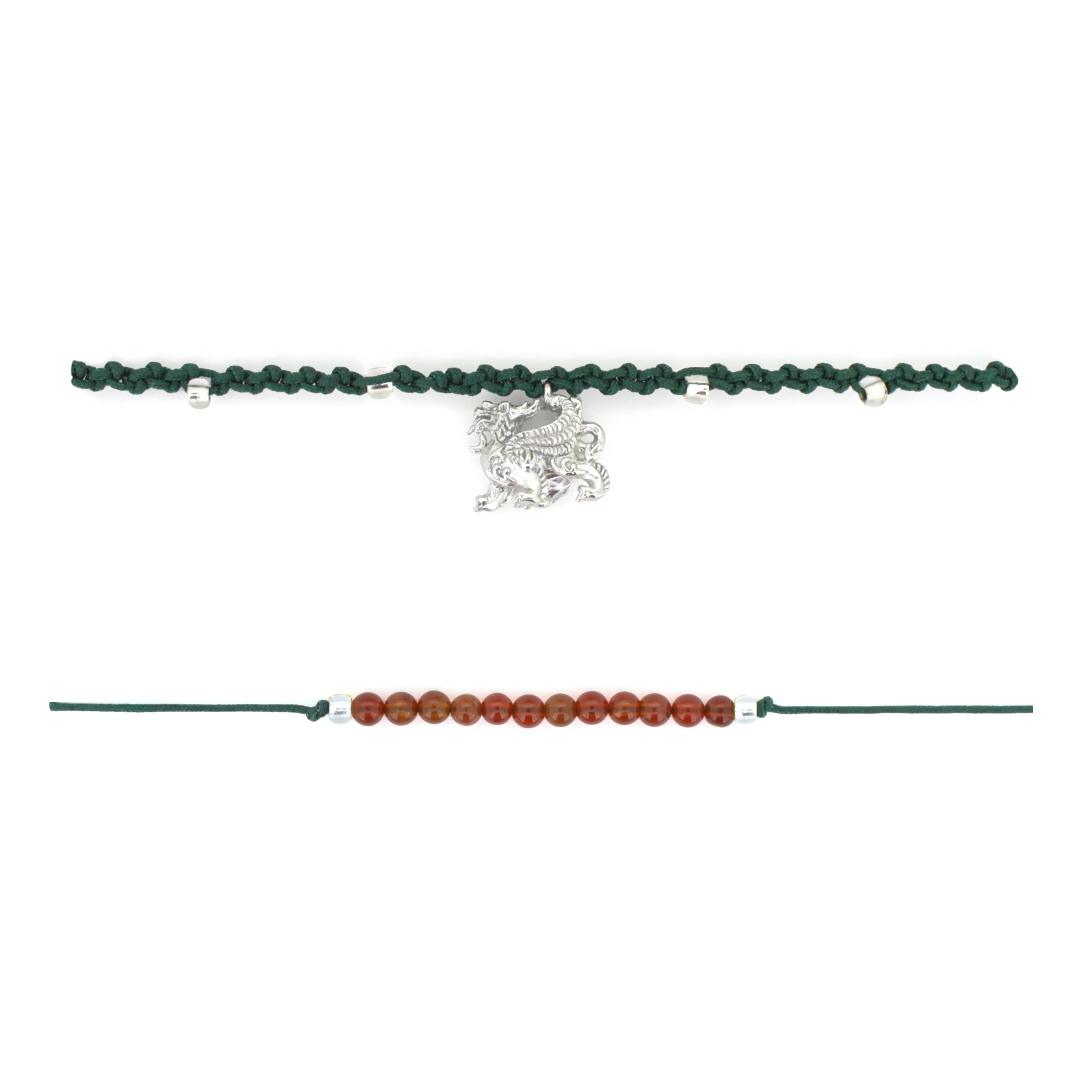 Set of two green bracelets: one with a silver Pixiu charm, the other with  red agate-round beads.