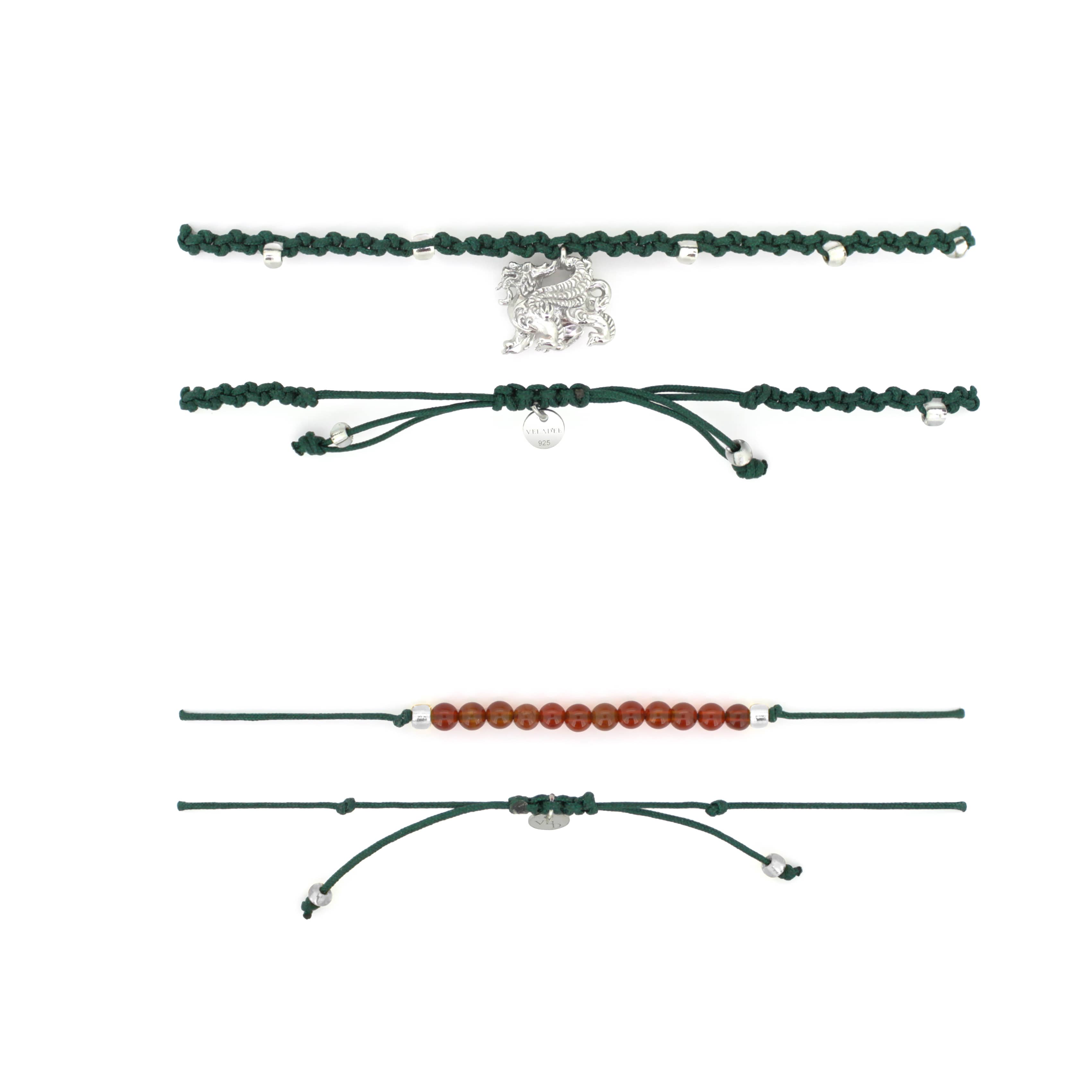 Set of two green bracelets: one with a silver Pixiu charm, the other with  red agate-round beads.