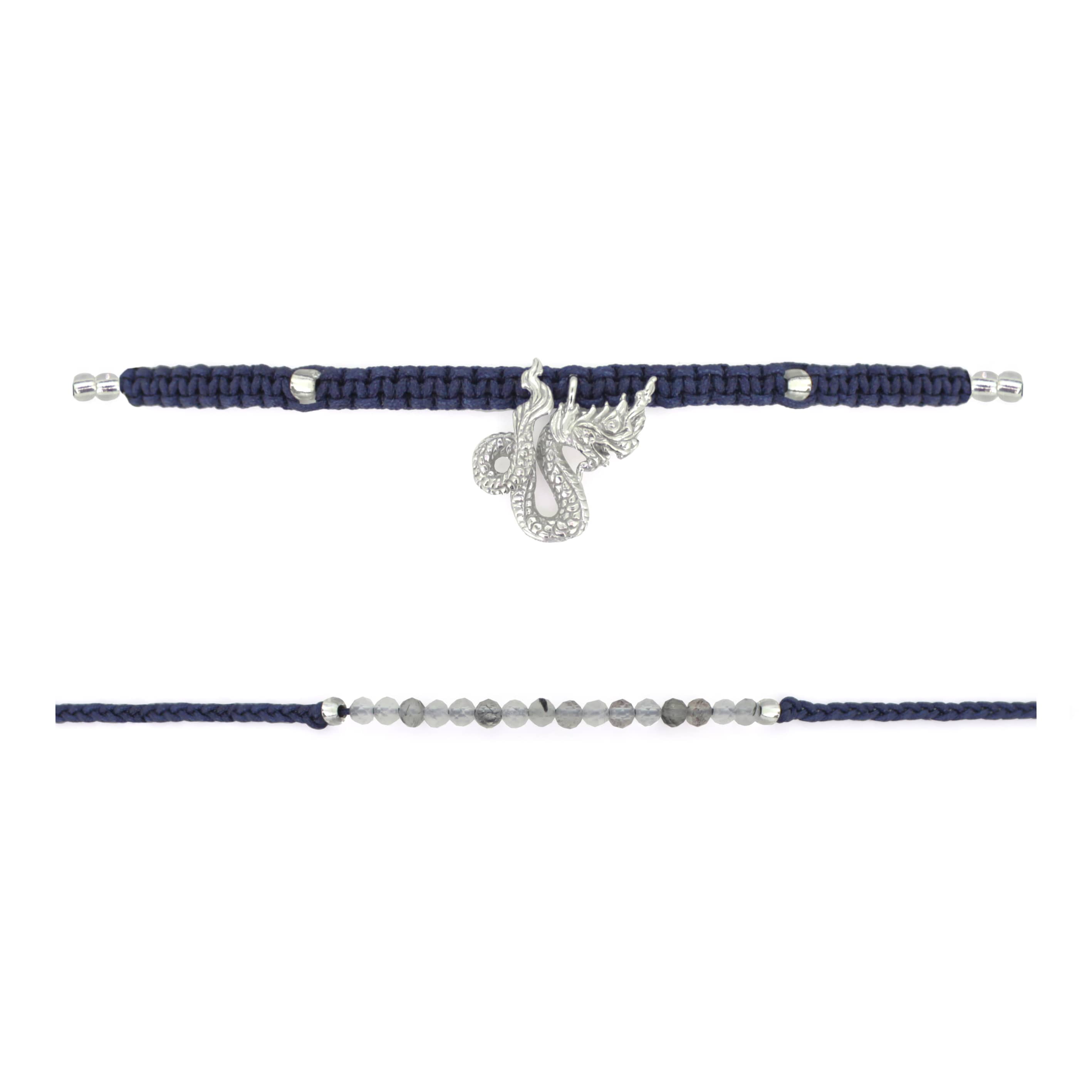 Set of two navy blue bracelets: one with a silver Naga charm, the other with grey quartz-faced beads.