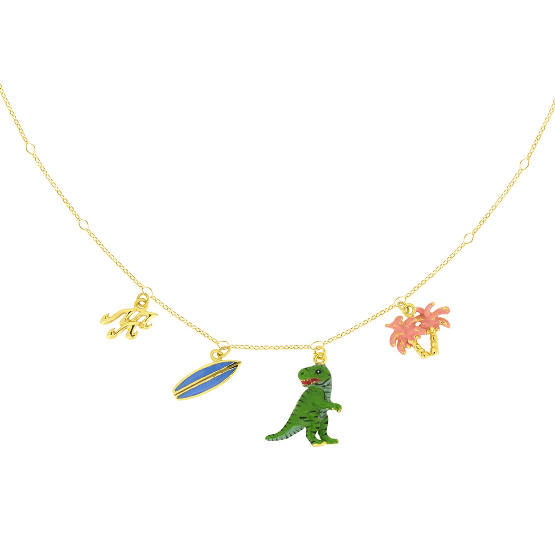 Adorable gold necklace with a wave patterns, surfboard, T-Rex, and palm trees charms, perfect for summer fashion.