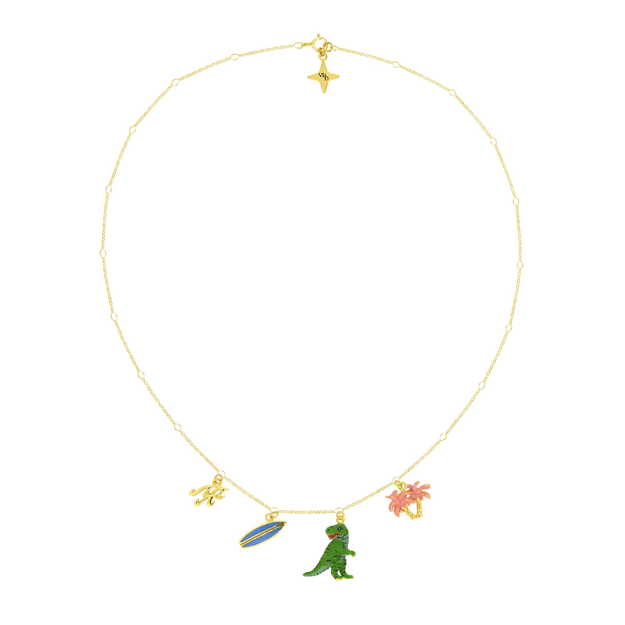 A whimsical necklace with a wave patterns, surfboard, T-Rex, and palm trees charms, perfect for summer fashion.