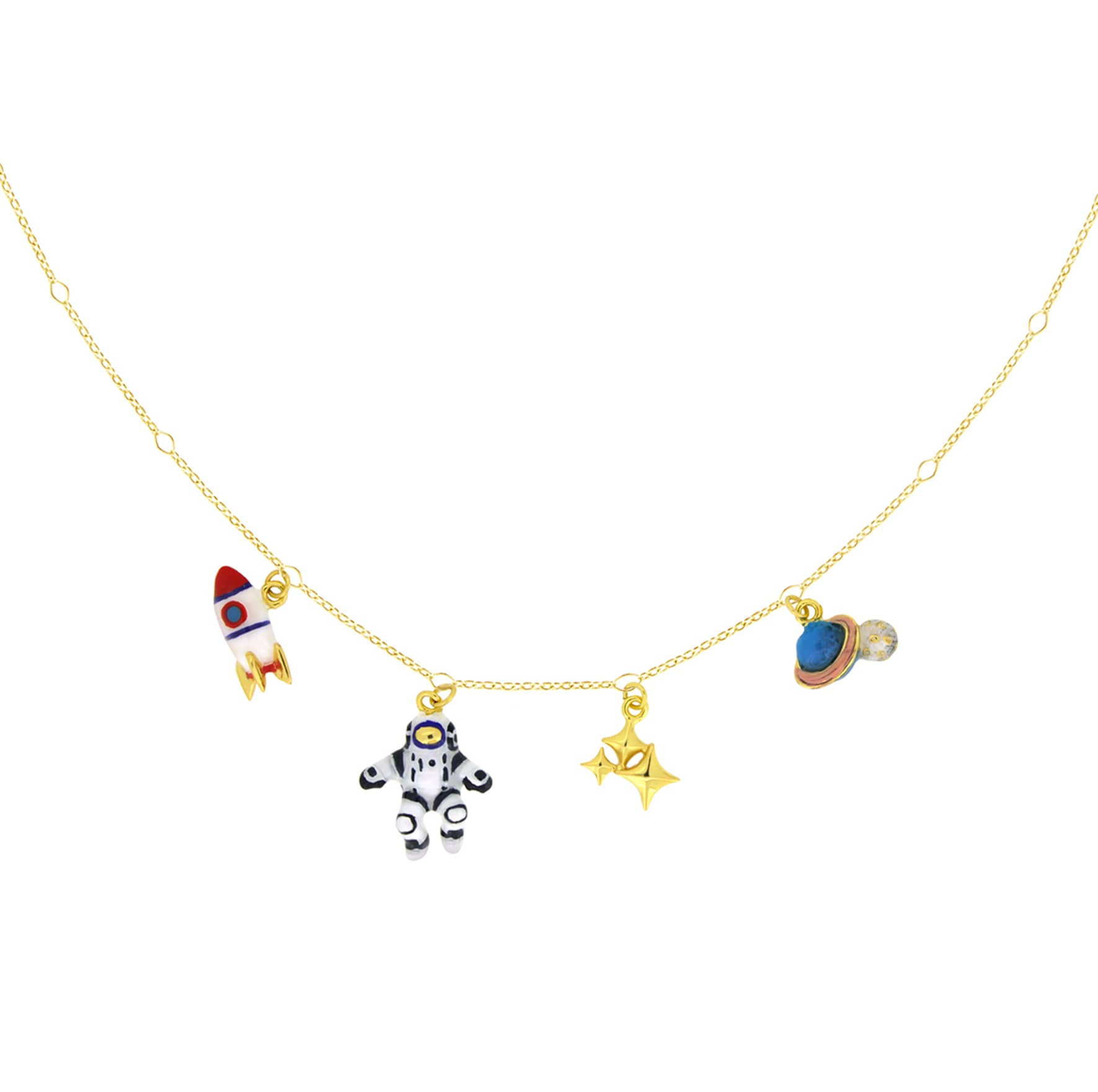 A whimsical necklace with a rocket, astronaut, stars, and Saturn charms, ideal for jewelry lovers.