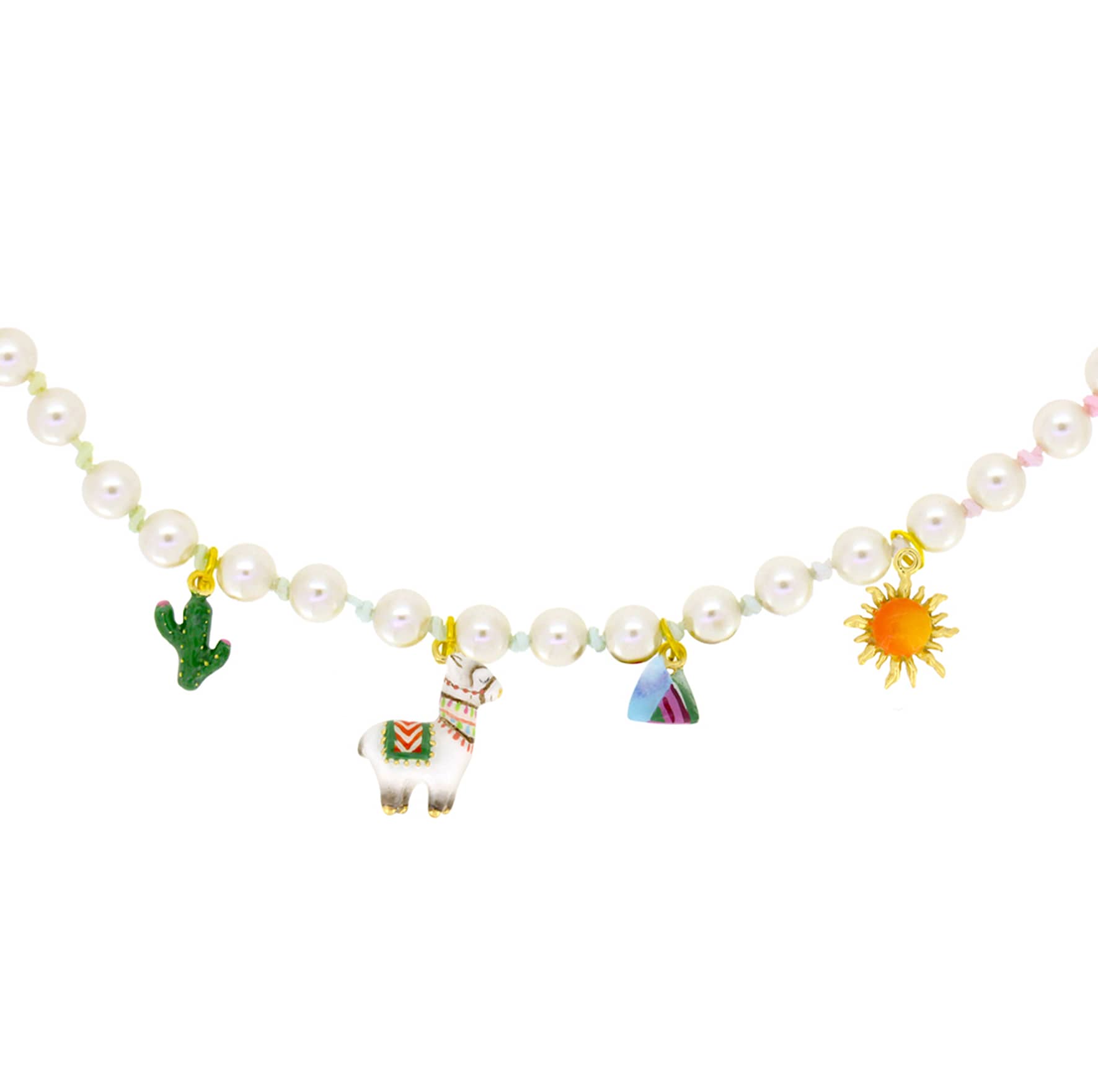 Pearl choker featuring alpaca, cactus, sun, and mountain charms, with pastel nylon rope, perfect for summer fashion.