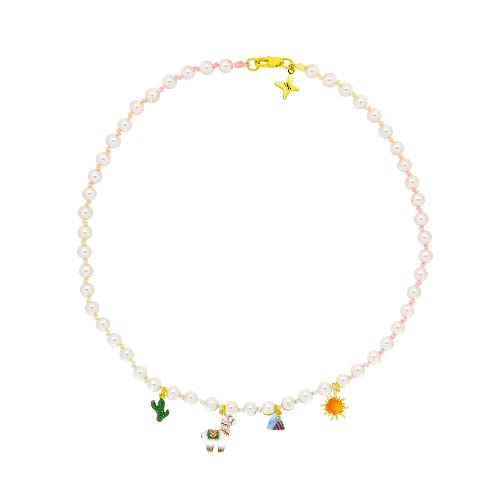 Pearl choker featuring alpaca, cactus, sun, and mountain charms, with pastel nylon rope, perfect for summer fashion.