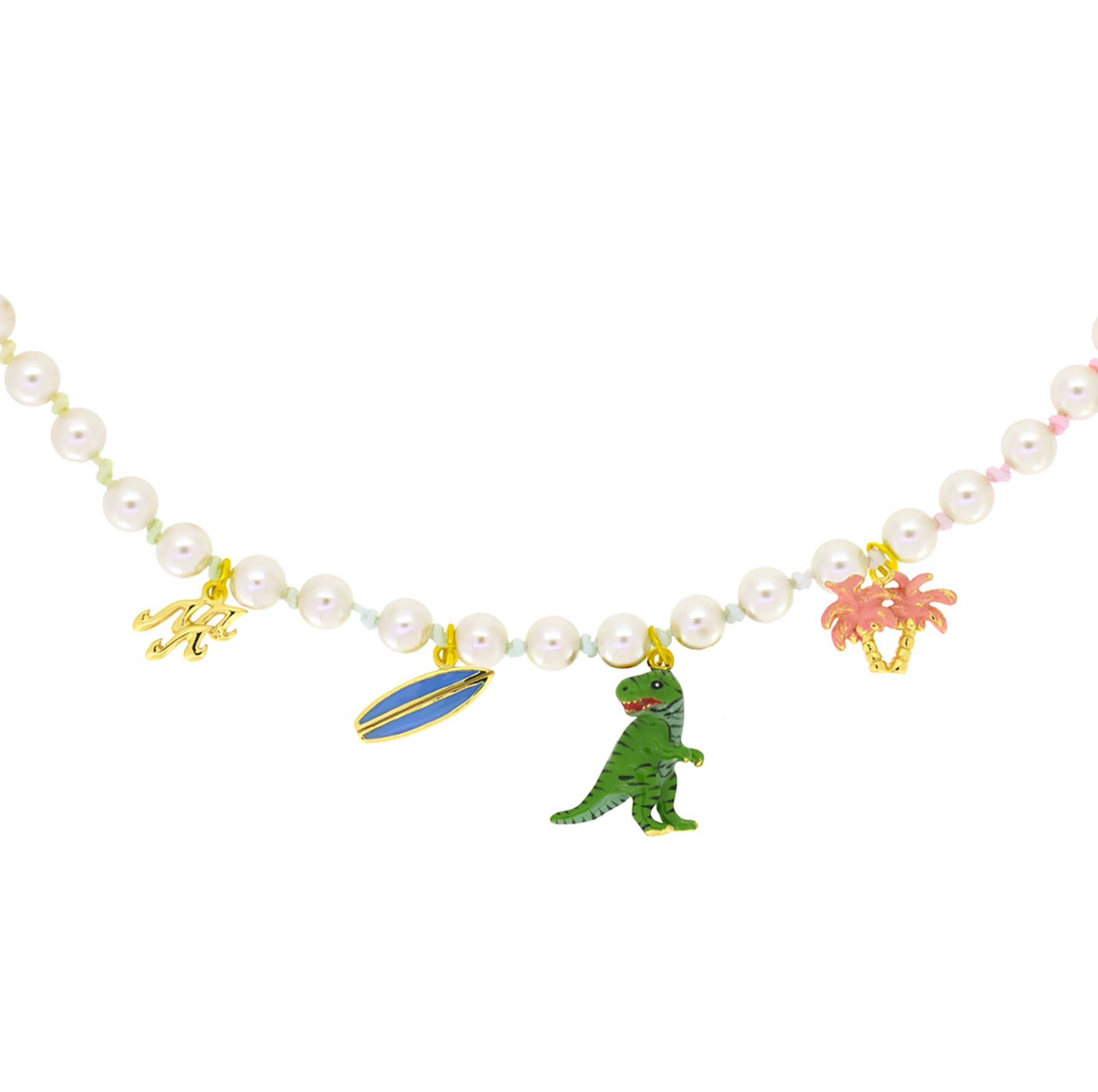 Playful pearl choker featuring wave patterns, surfboard, T-Rex, and palm trees charms, with pastel nylon rope.