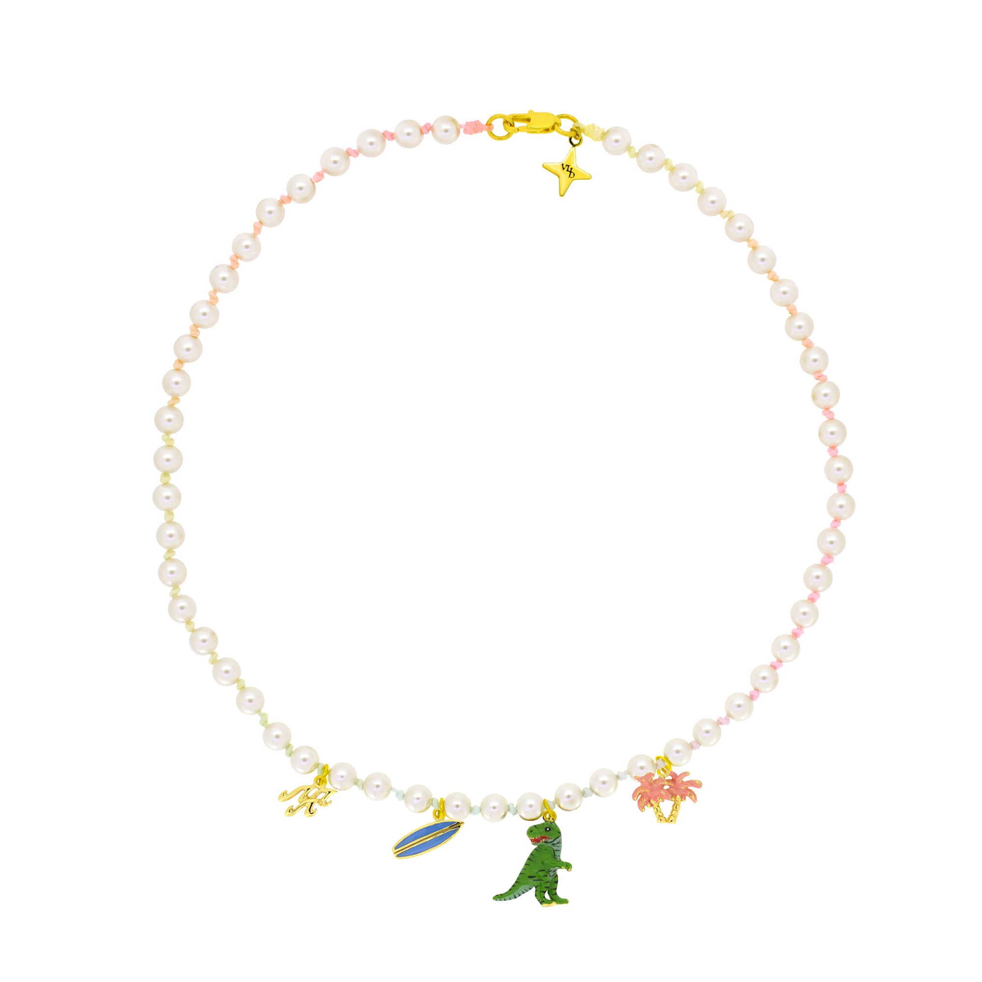 Adorable pearl choker featuring wave patterns, surfboard, T-Rex, and palm trees charms, with pastel nylon rope.