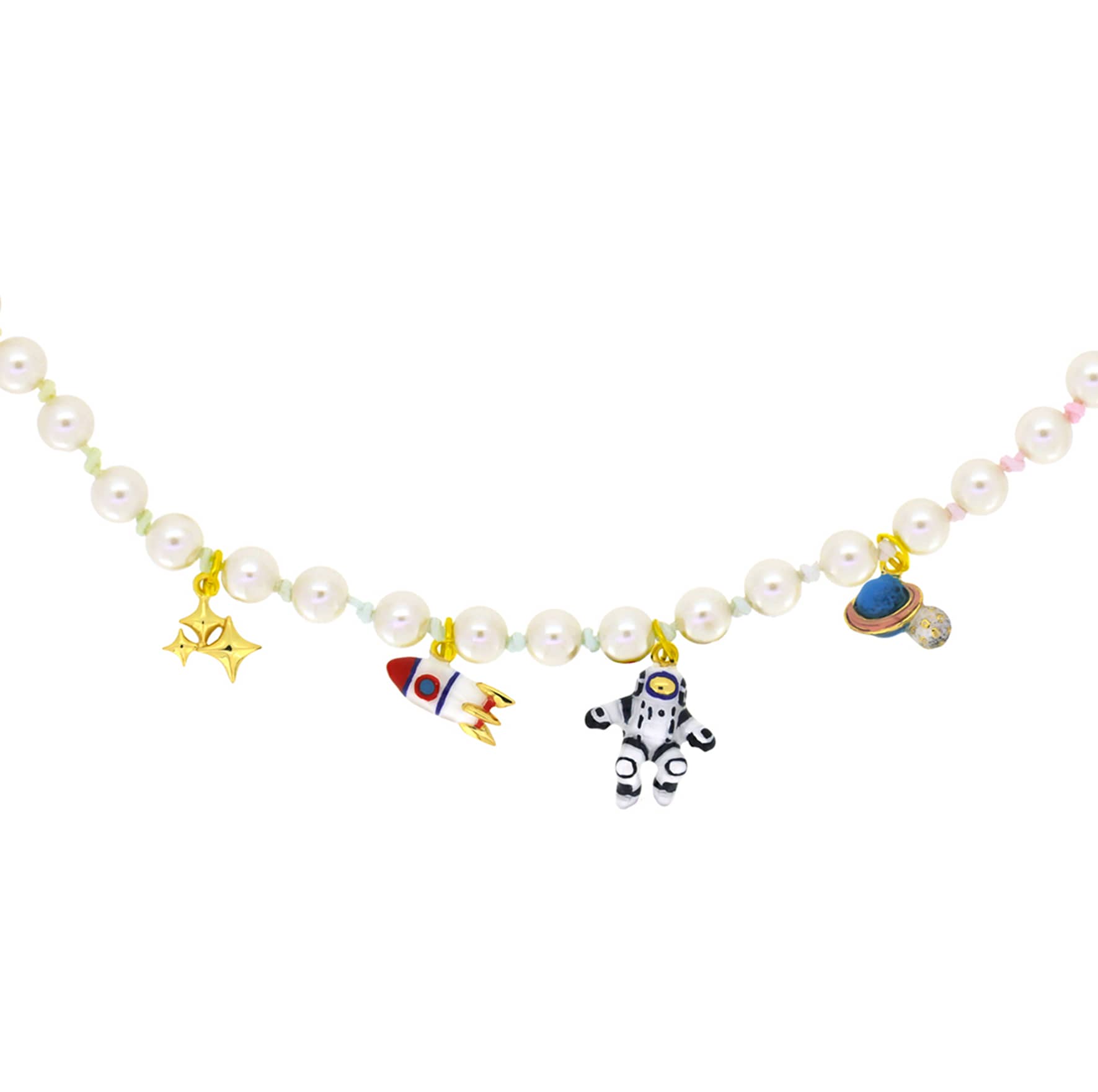 Whimsical pearl choker featuring a stars, rocket, astronaut, and Saturn charms, with pastel nylon rope.